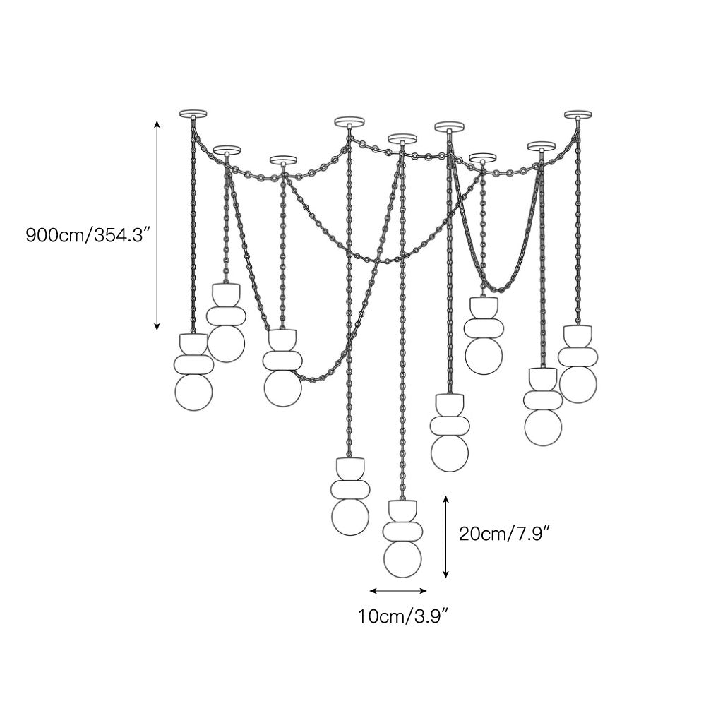 The Orba chandelier viewed from below, highlighting the arrangement of orbs.