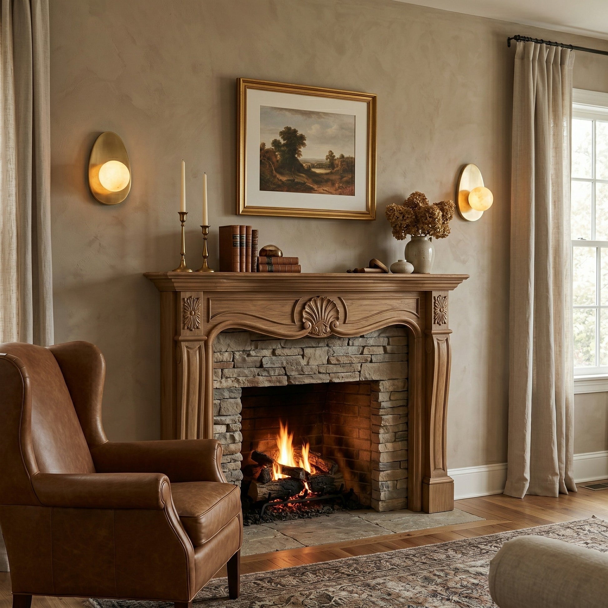 The Orba Wall Sconce illuminated, casting a warm, diffused glow.