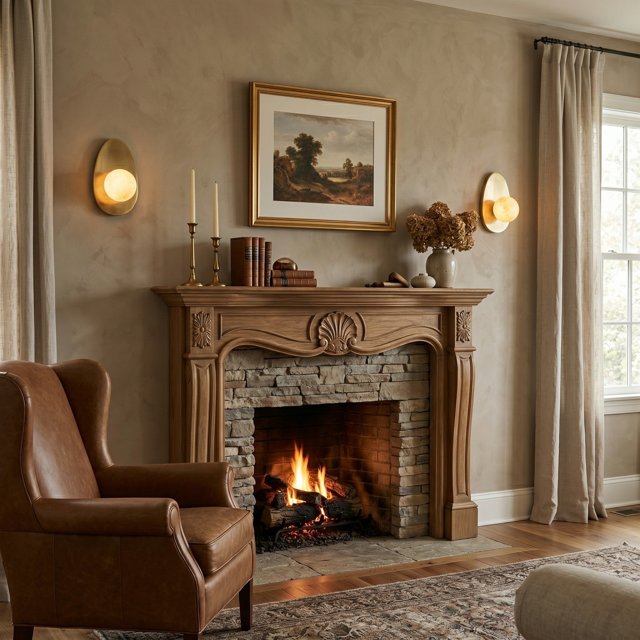 The Orba Wall Sconce illuminated, casting a warm, diffused glow.