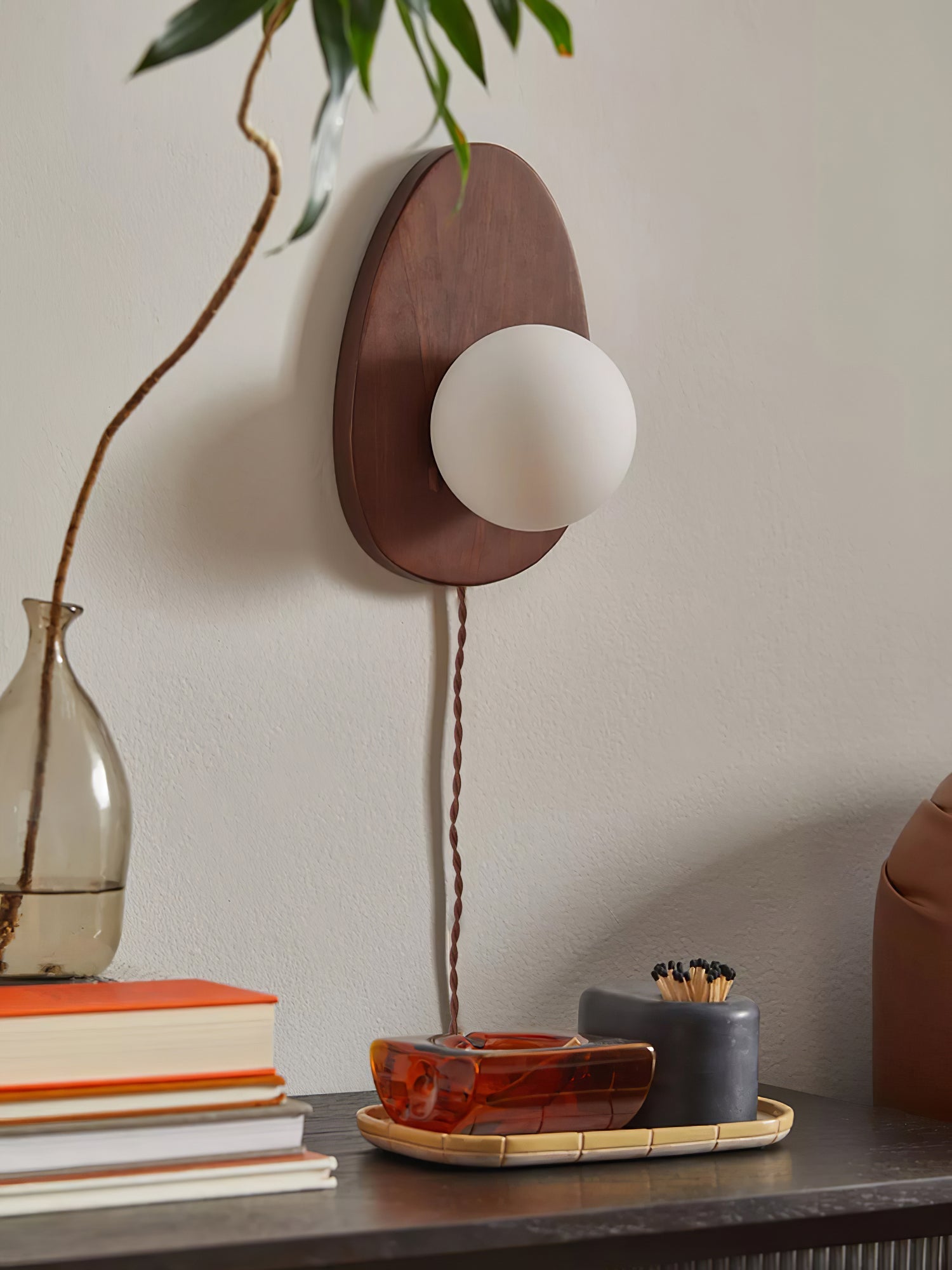 Nylaeiel Nordic Art Plug-in Walnut Glass Wood Wall Lamp-Neutral Decor