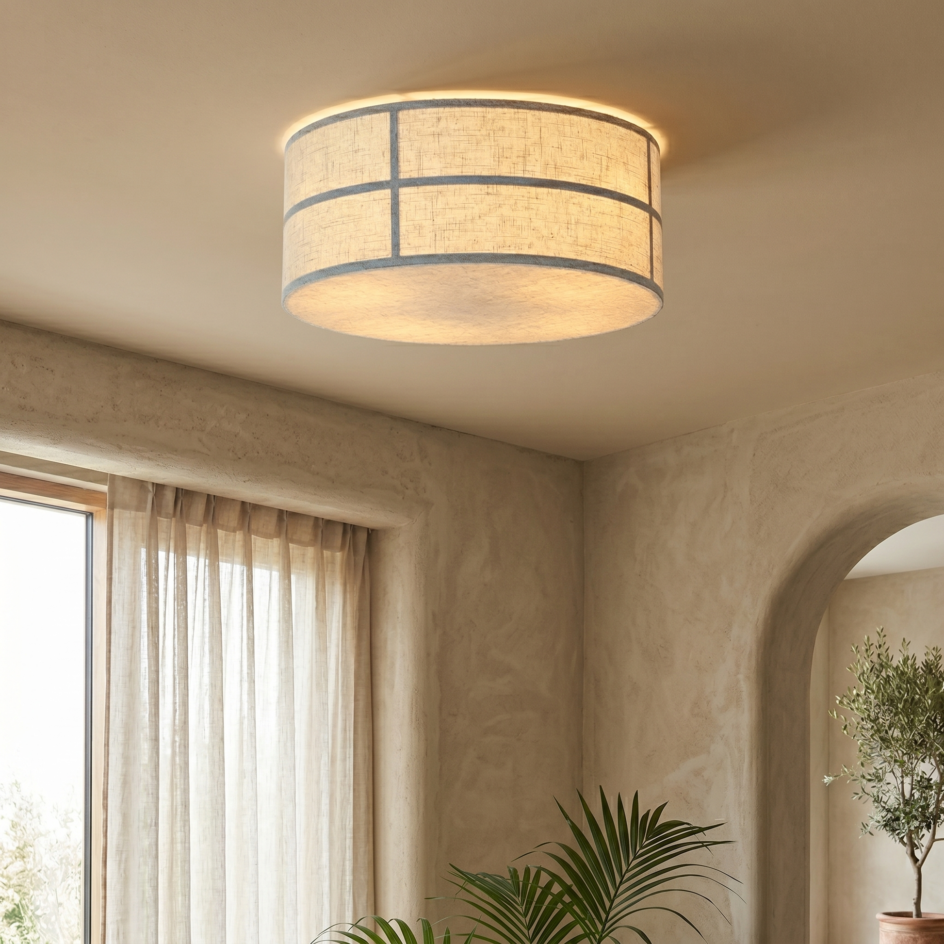The Hashira Ceiling Lamp turned on, casting a warm and inviting glow.