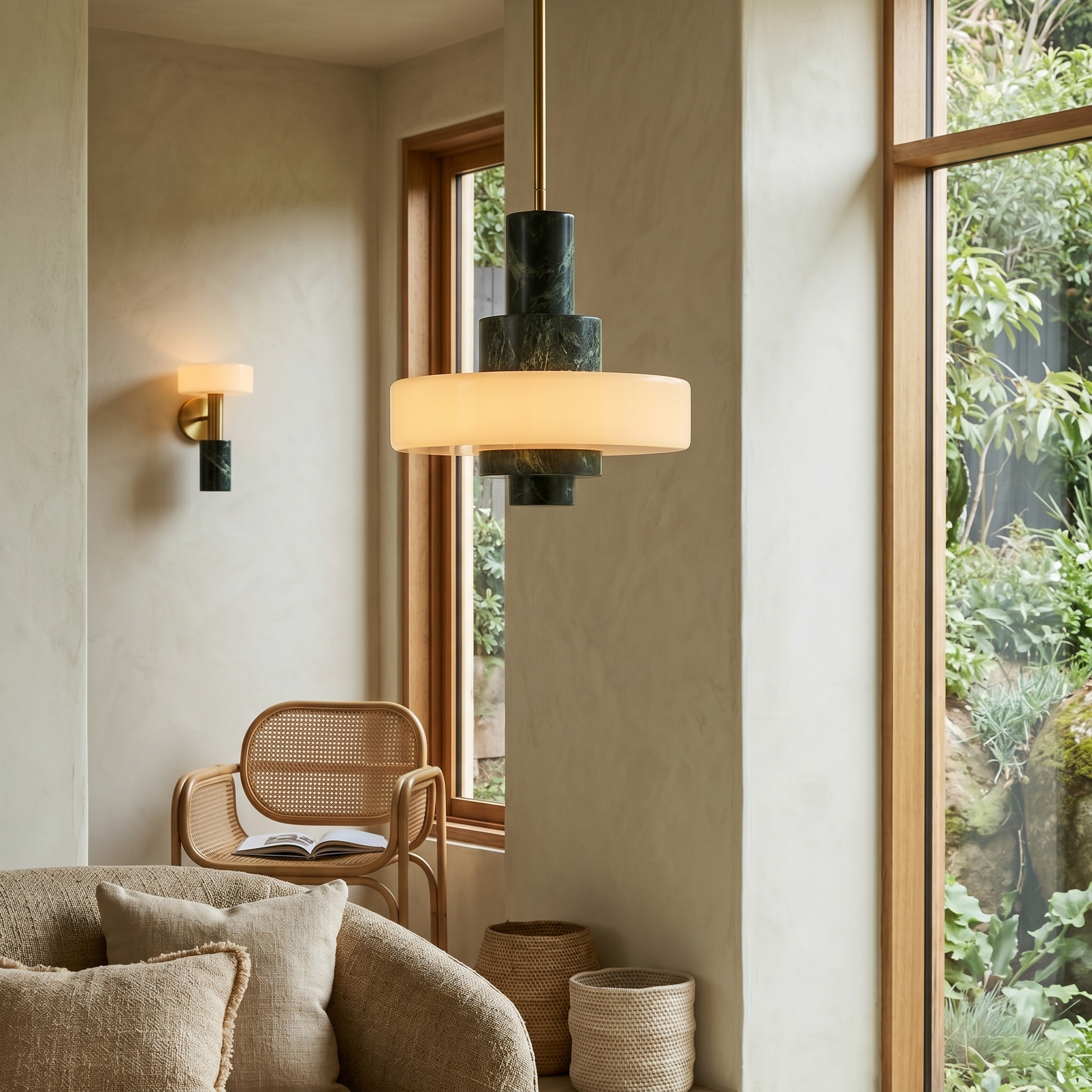 Close-up of the green marble and brass details on the pendant lamp.