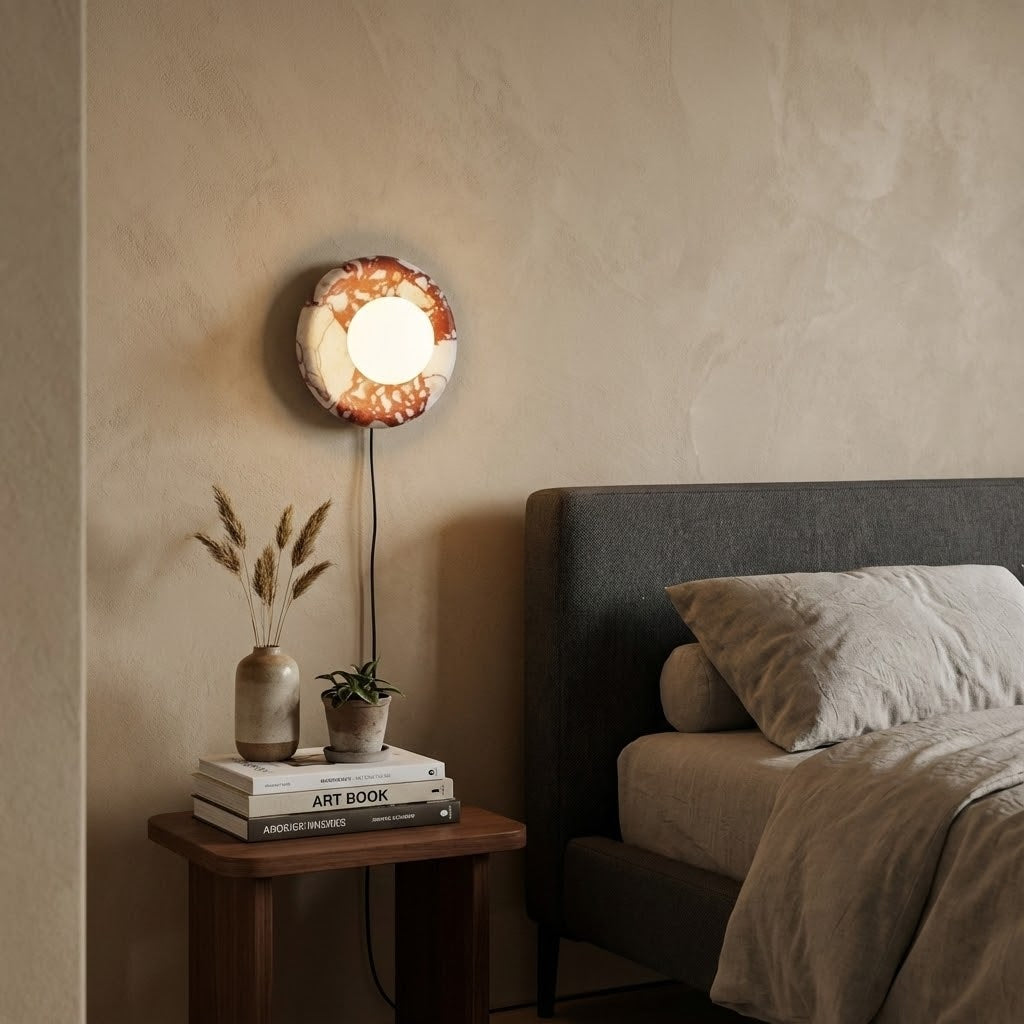 The Orli sconce lit up, casting a warm glow from the glass globe.