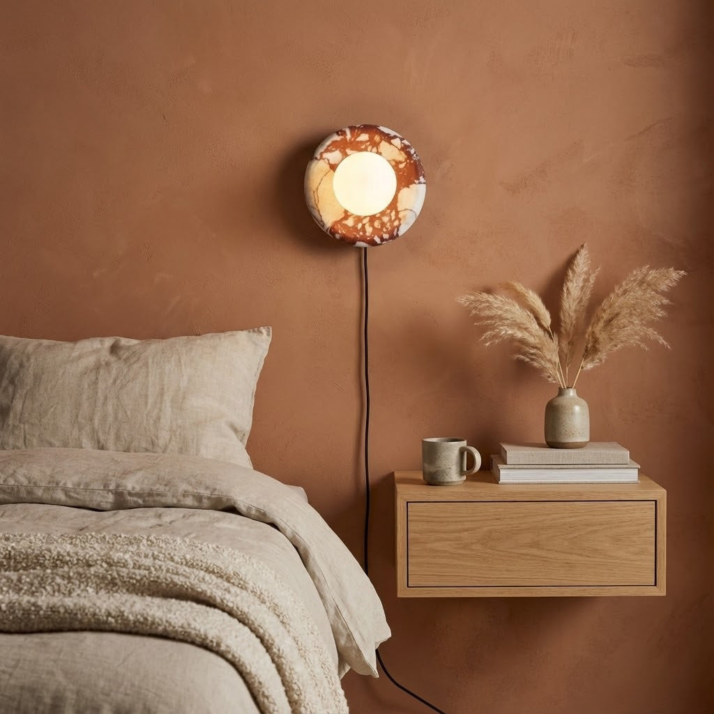 Side view of the Orli red marble wall sconce, showing the depth of the backplate.