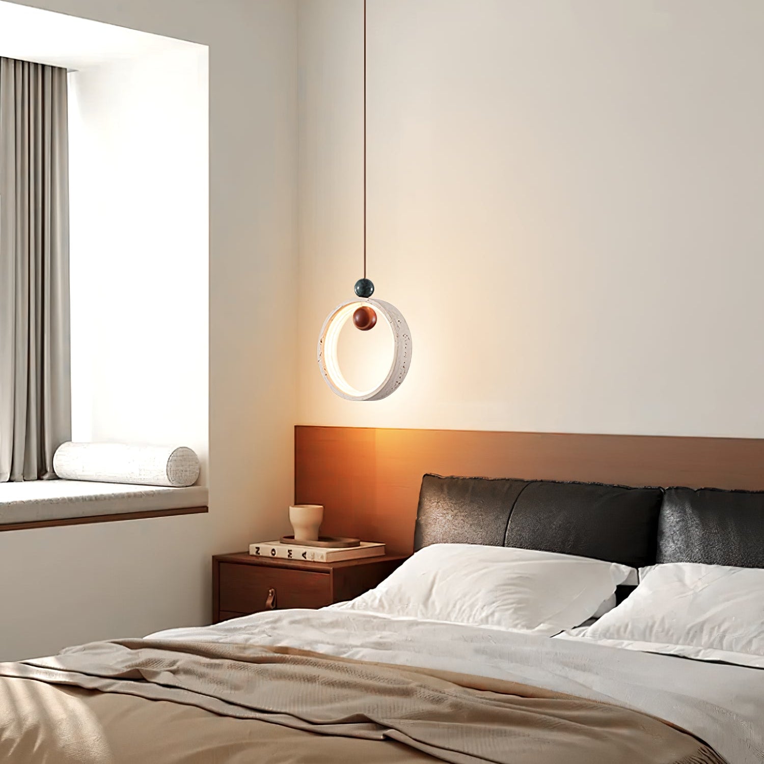 Vovinyra Circular Travertine Pendant Light-Neutral Decor