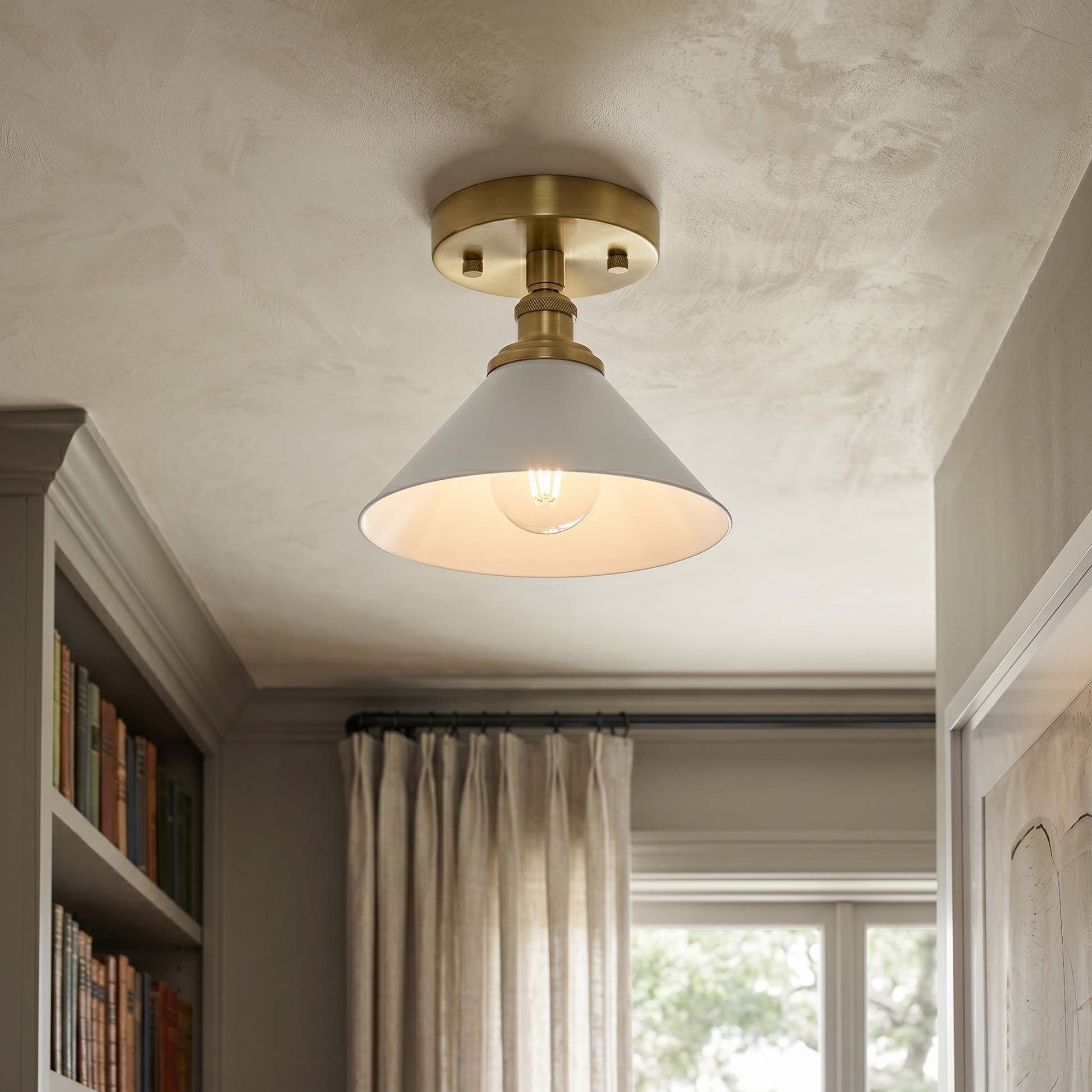 Detail shot of the white ceramic and aluminum lampshade.