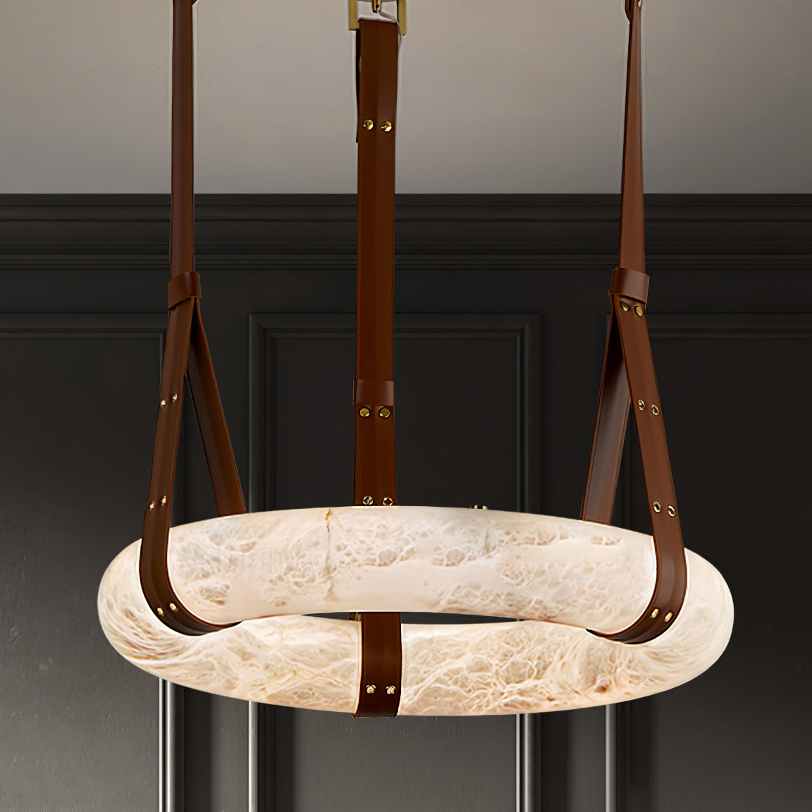 Tarys Alabaster Chandeliers Ring Leather Strap Version B-Neutral Decor