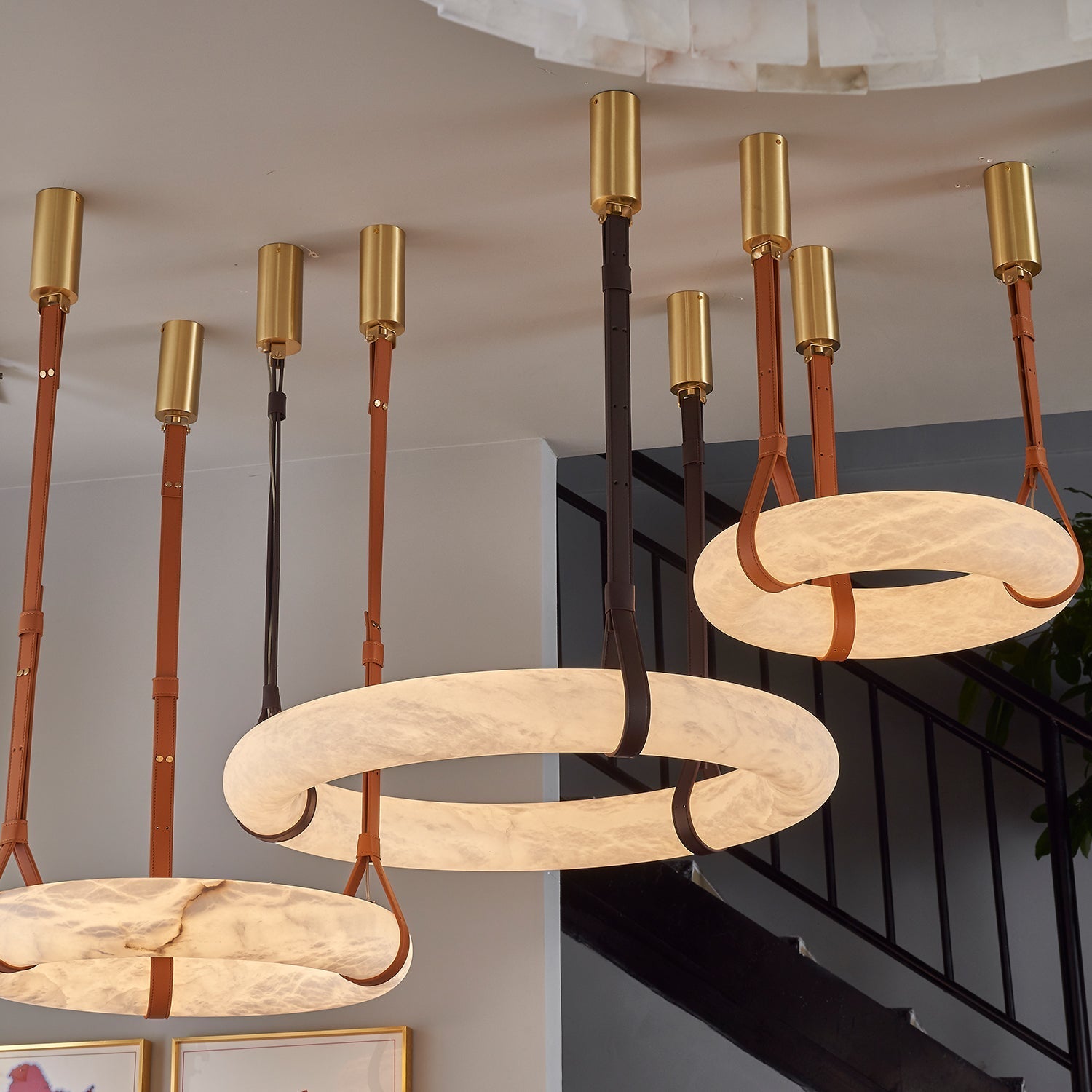 Tarys Alabaster Chandeliers Ring Leather Strap Version B-Neutral Decor