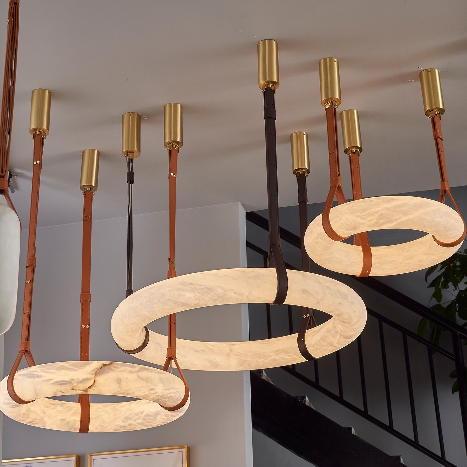 Tarys Alabaster Chandeliers Ring Leather Strap Version B-Neutral Decor
