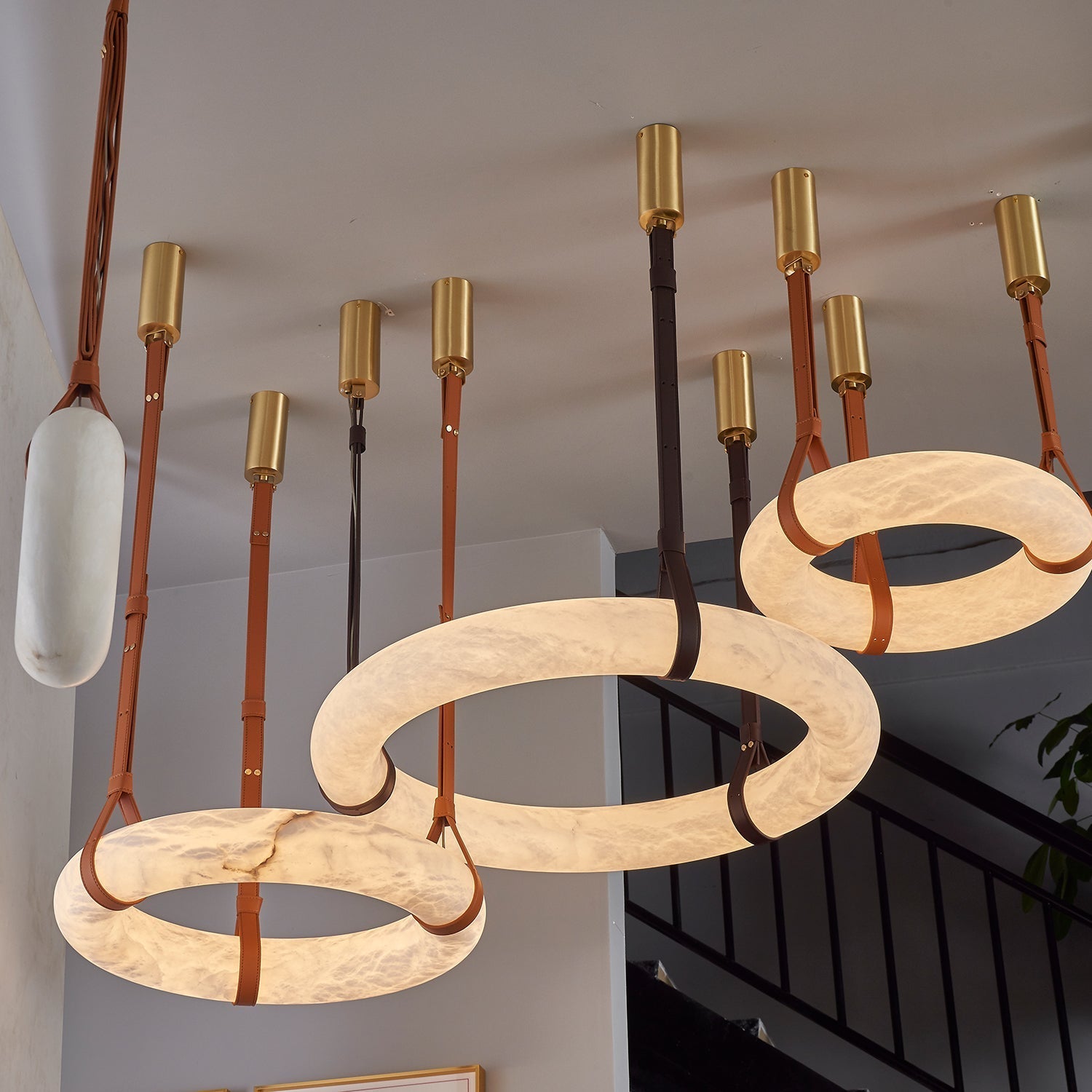 Tarys Alabaster Chandeliers Ring Leather Strap Version B-Neutral Decor