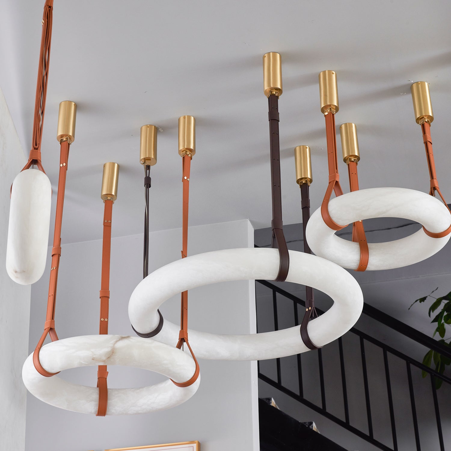 Tarys Alabaster Chandeliers Ring Leather Strap Version B-Neutral Decor