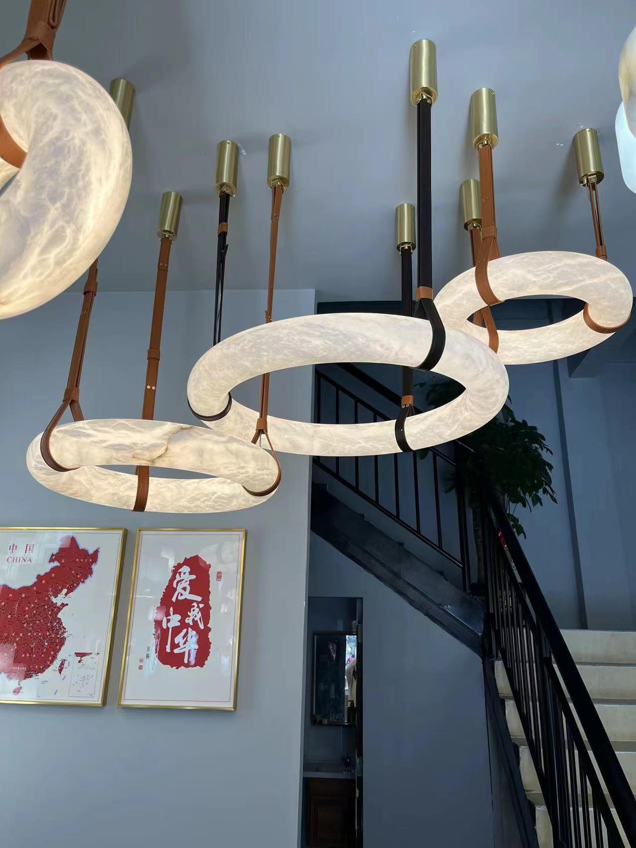 Étoile Pendant Light Chandelier Alabaster Ring Triple Leather