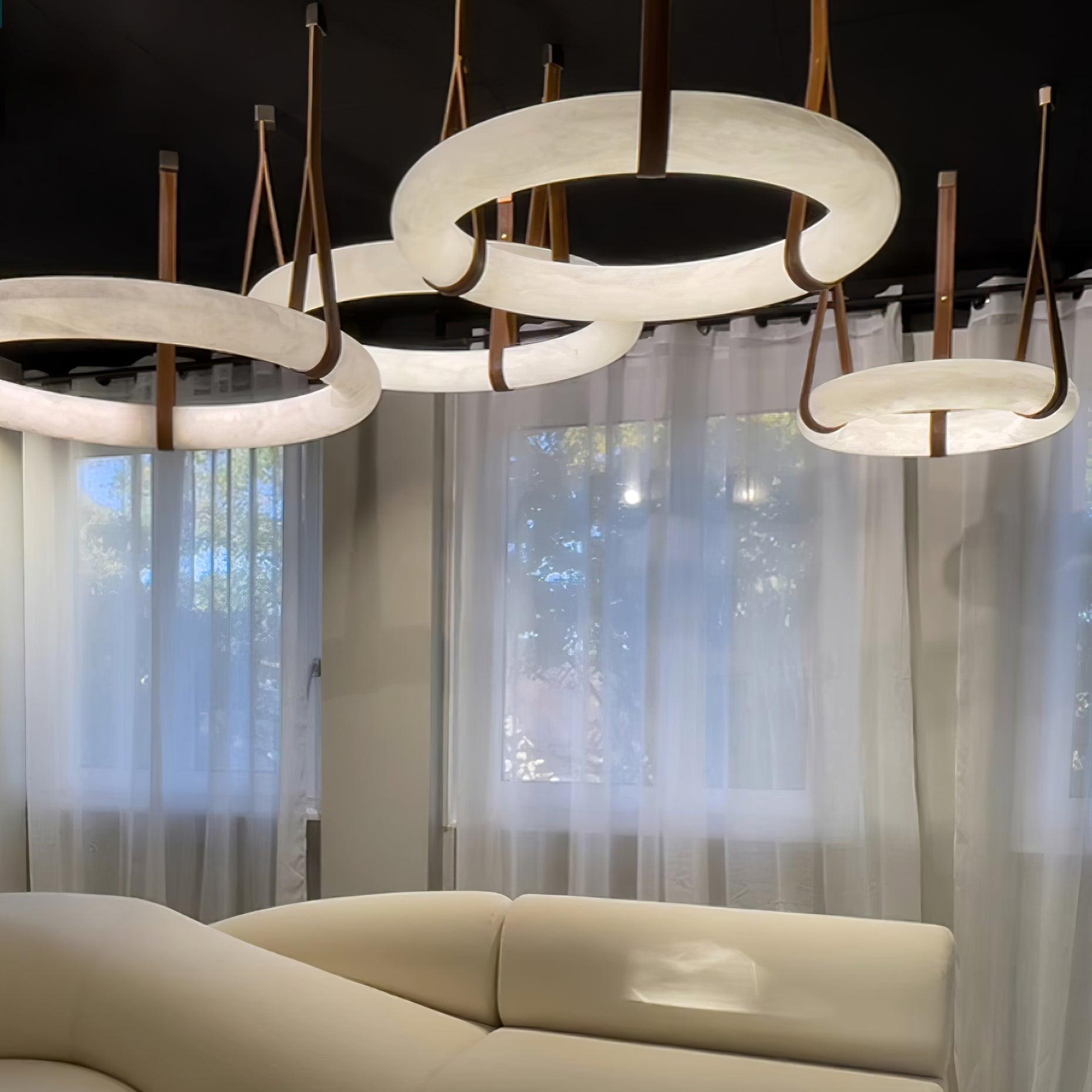 Étoile Pendant Light Chandelier Alabaster Ring Triple Leather