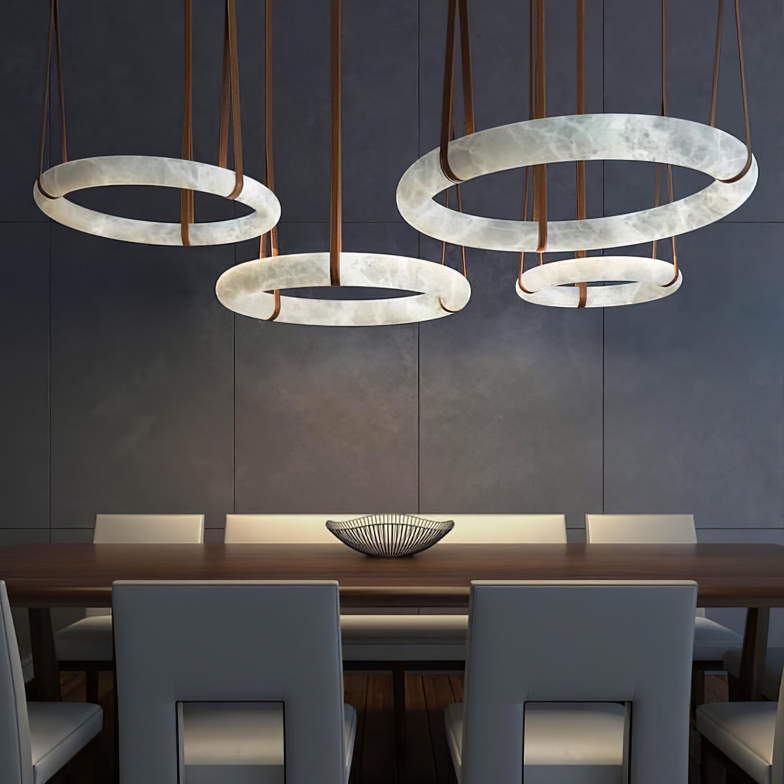 Tarys Alabaster Chandeliers Ring Leather Strap Version B-Neutral Decor