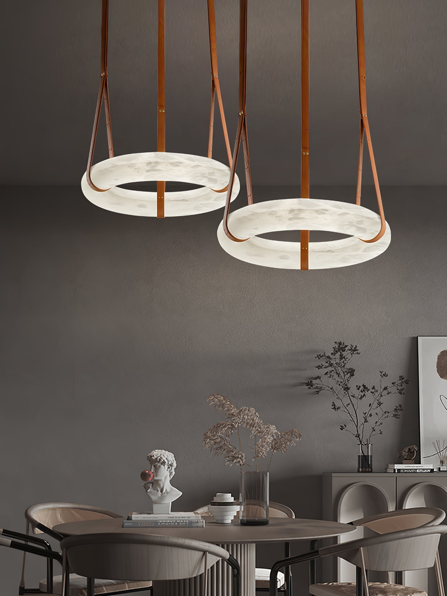 Tarys Alabaster Chandeliers Ring Leather Strap Version B-Neutral Decor