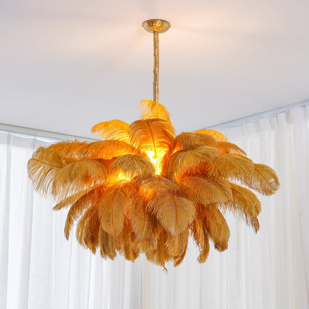 Lustra Chandelier Ostrich Feather Large Brass Stem-Neutral Decor