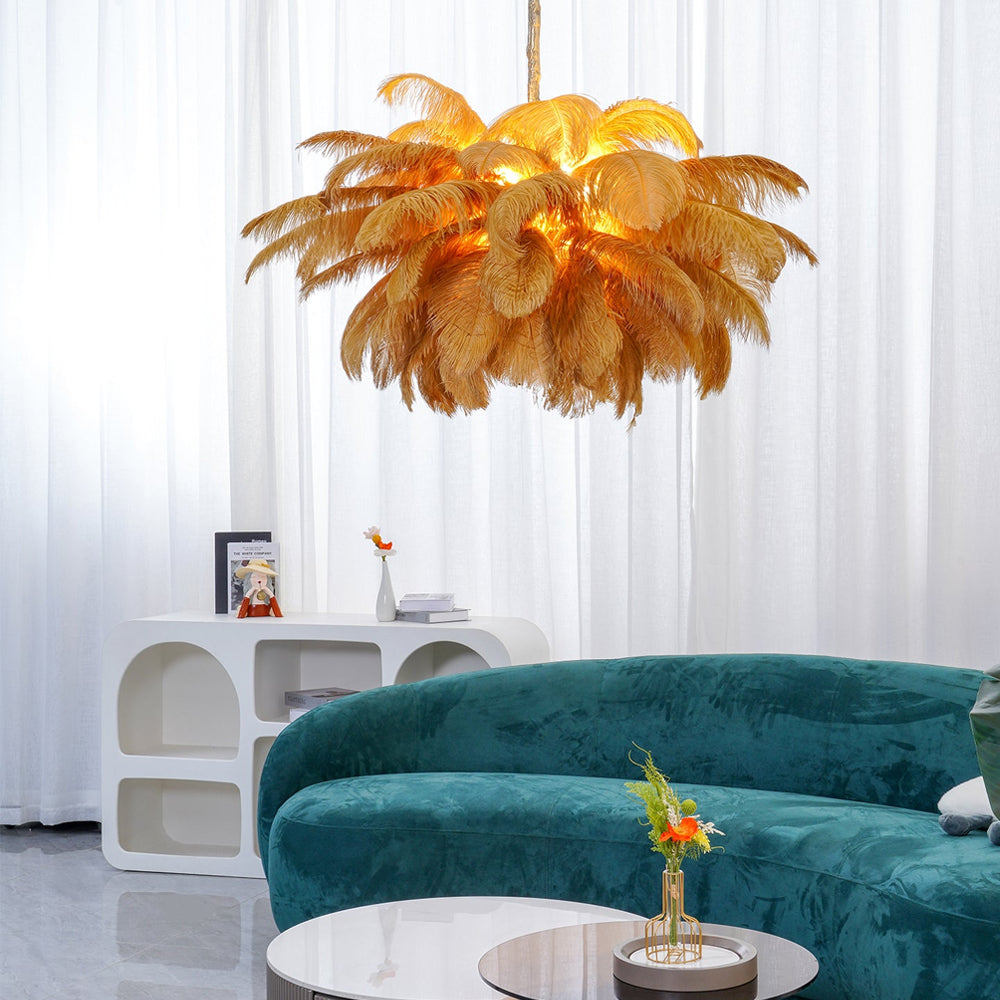 Lustra Chandelier Ostrich Feather Large Brass Stem-Neutral Decor