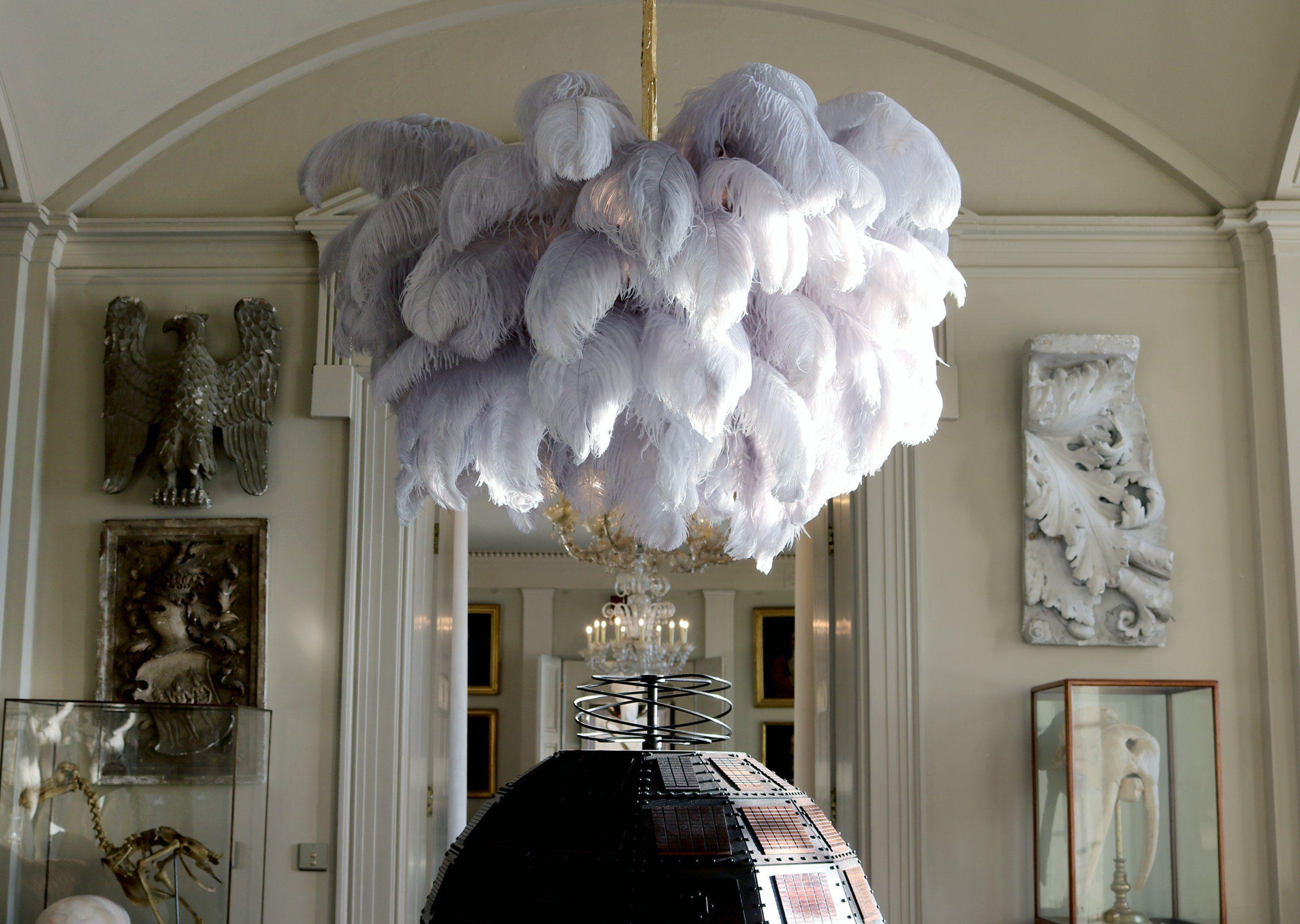 Lustra Chandelier Ostrich Feather Large Brass Stem-Neutral Decor