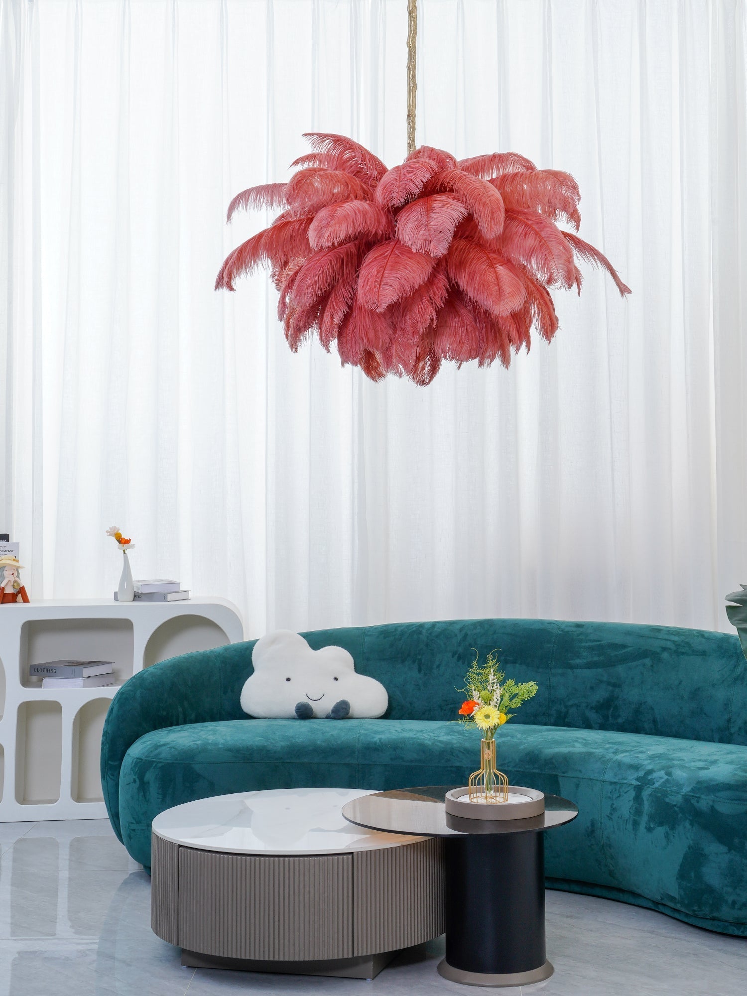 Lustra Chandelier Ostrich Feather Large Brass Stem-Neutral Decor