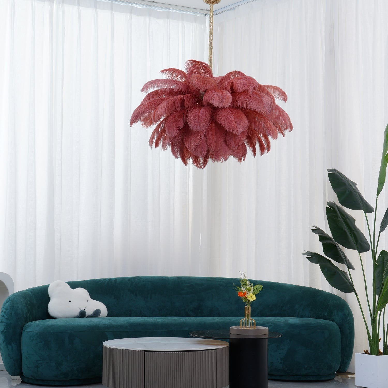 Lustra Chandelier Ostrich Feather Large Brass Stem-Neutral Decor