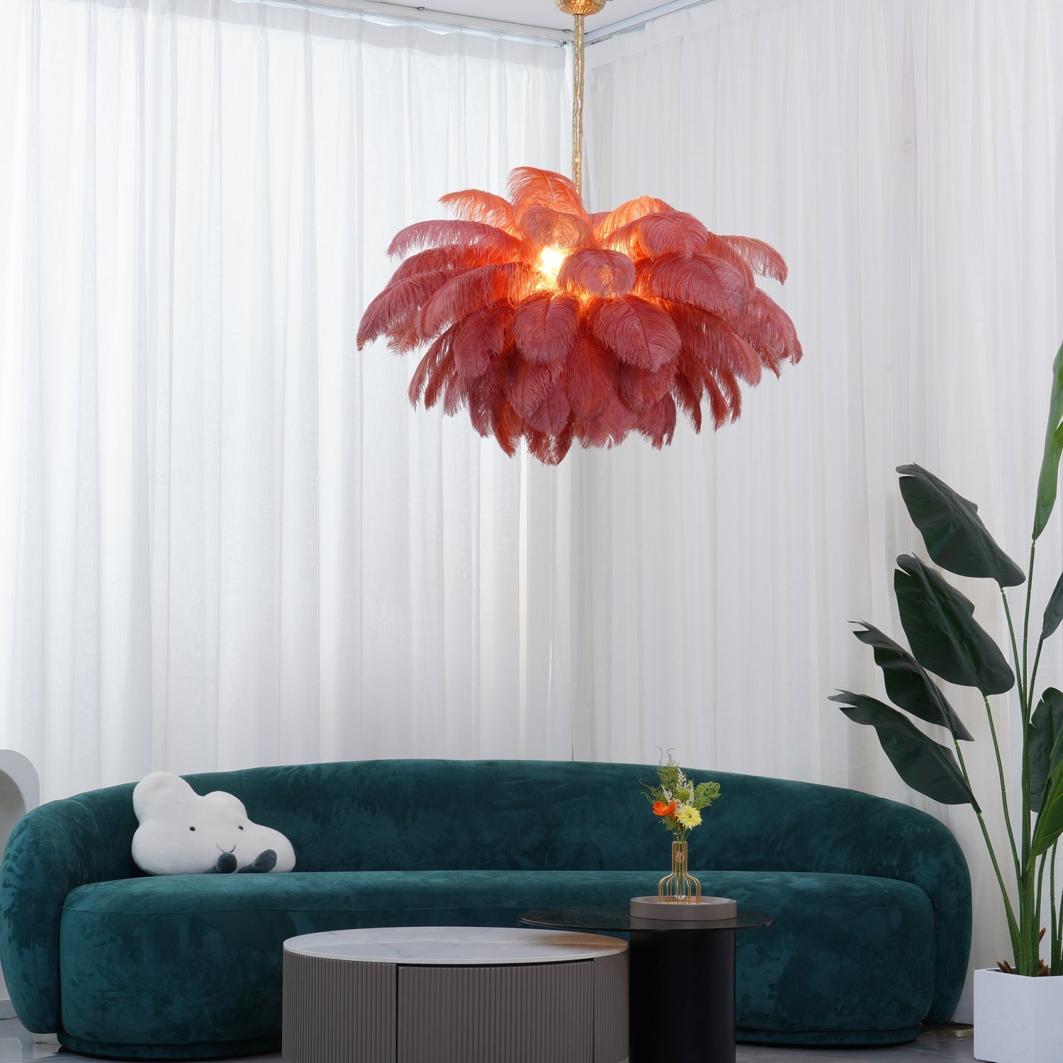 Lustra Chandelier Ostrich Feather Large Brass Stem-Neutral Decor