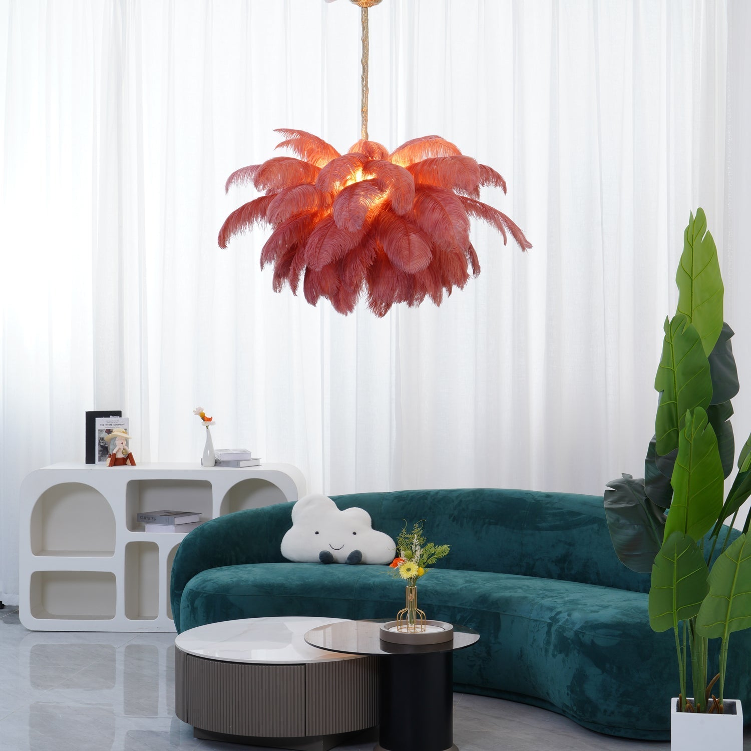 Lustra Chandelier Ostrich Feather Large Brass Stem-Neutral Decor
