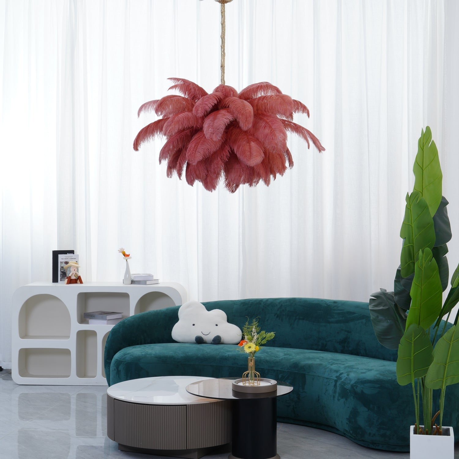Lustra Chandelier Ostrich Feather Large Brass Stem-Neutral Decor