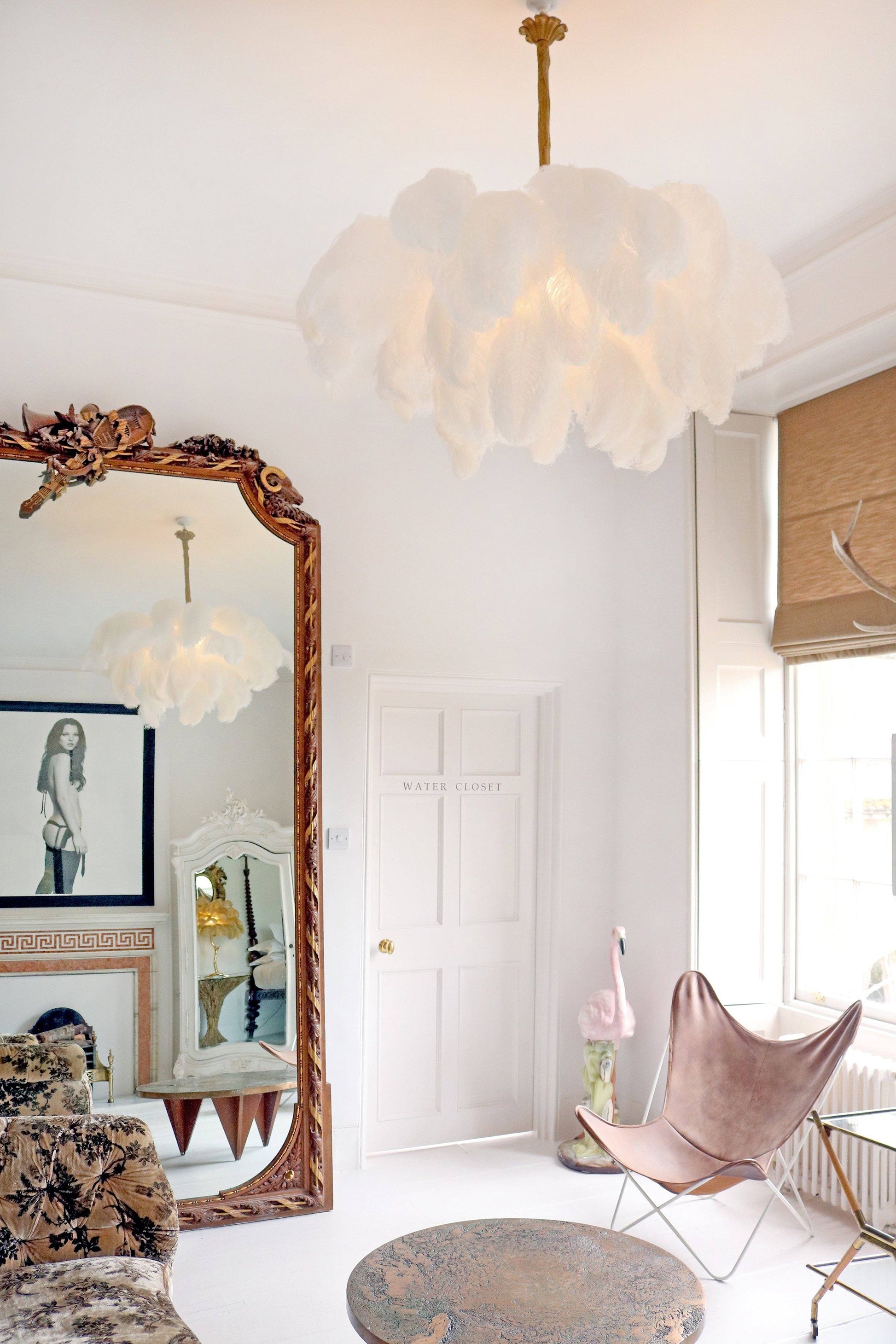 Lustra Chandelier Ostrich Feather Large Brass Stem-Neutral Decor