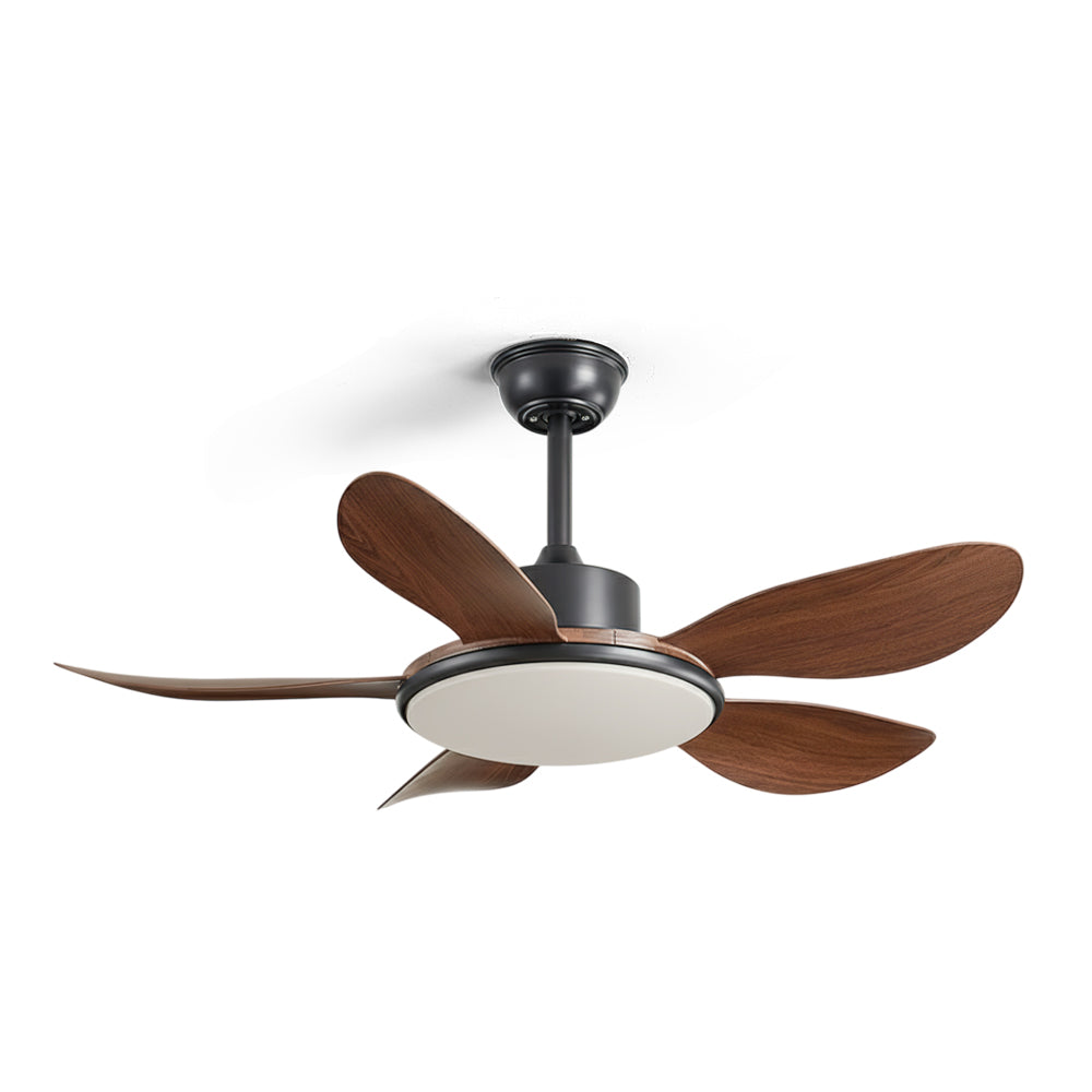 Ovlaim modern ceiling fan with light in a natural wood finish.