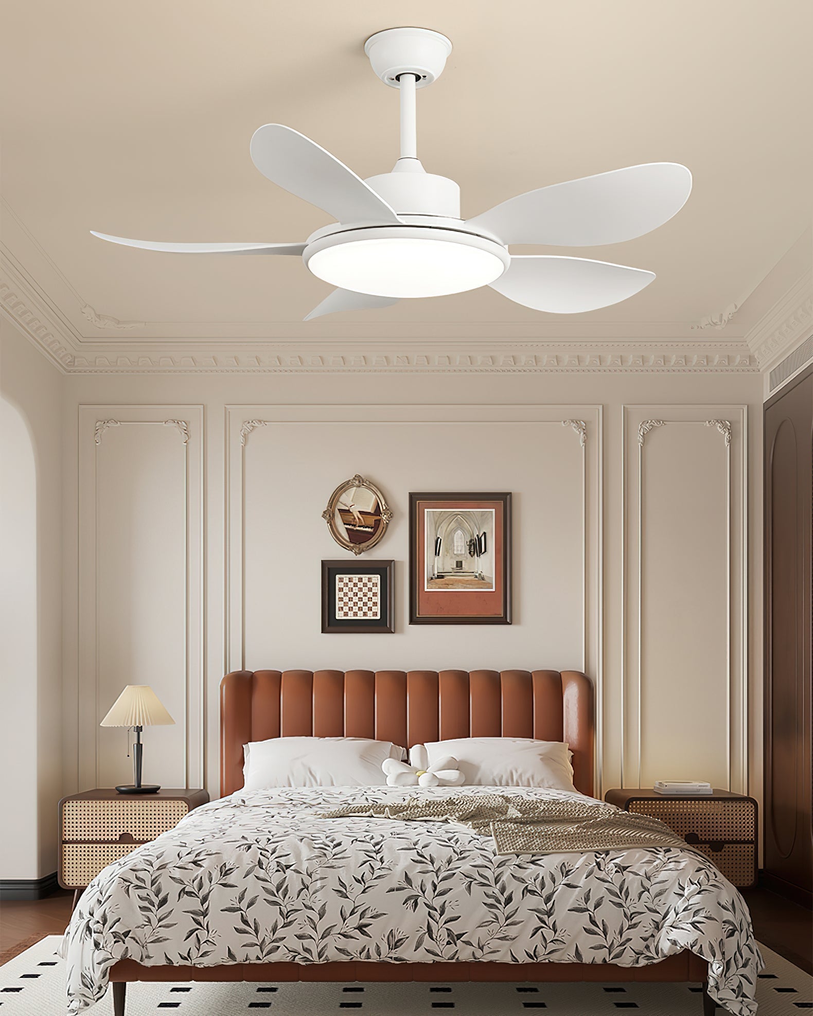 Ovlaim ceiling fan with light mounted on a standard white ceiling.