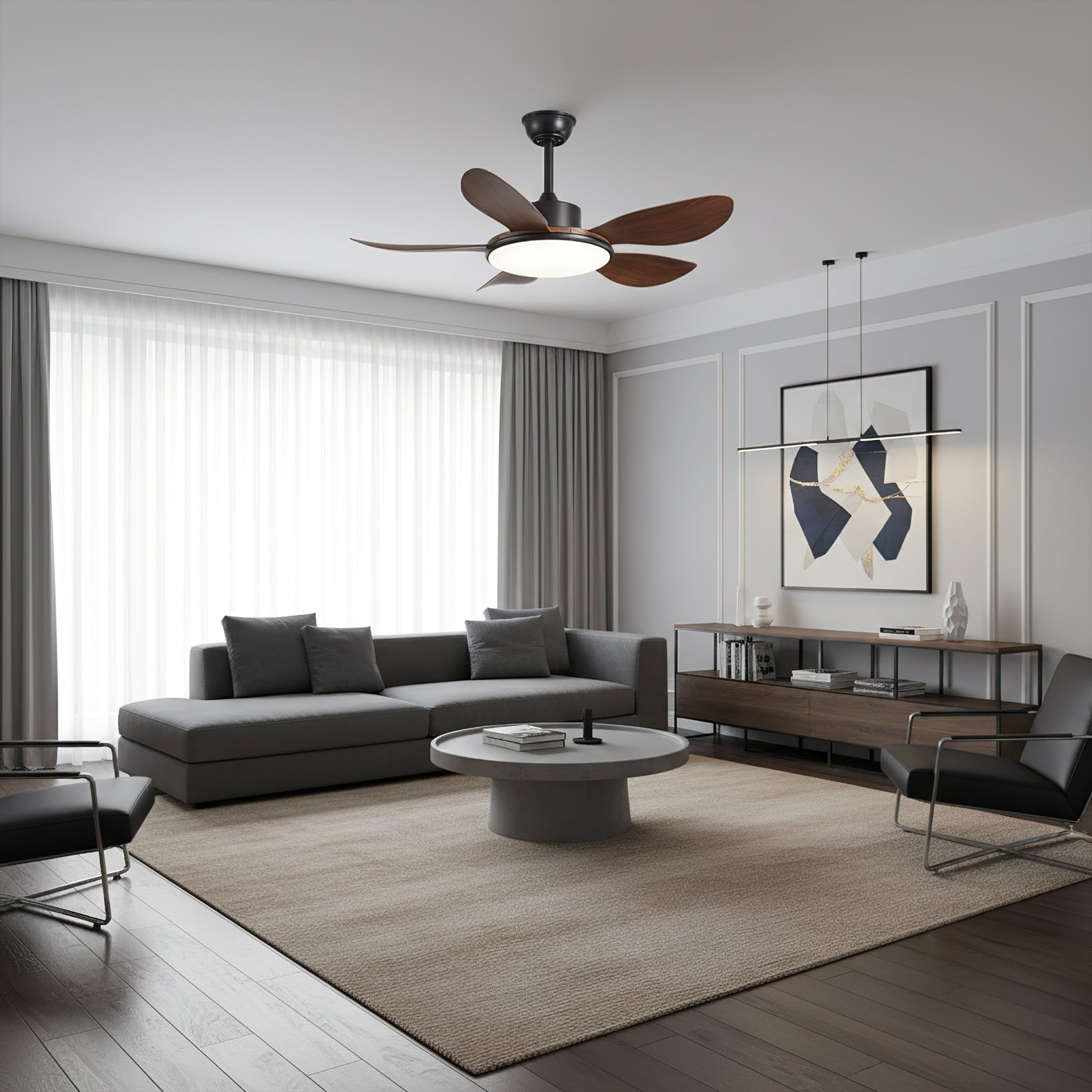 The Ovlaim ceiling fan in a rich walnut color finish.