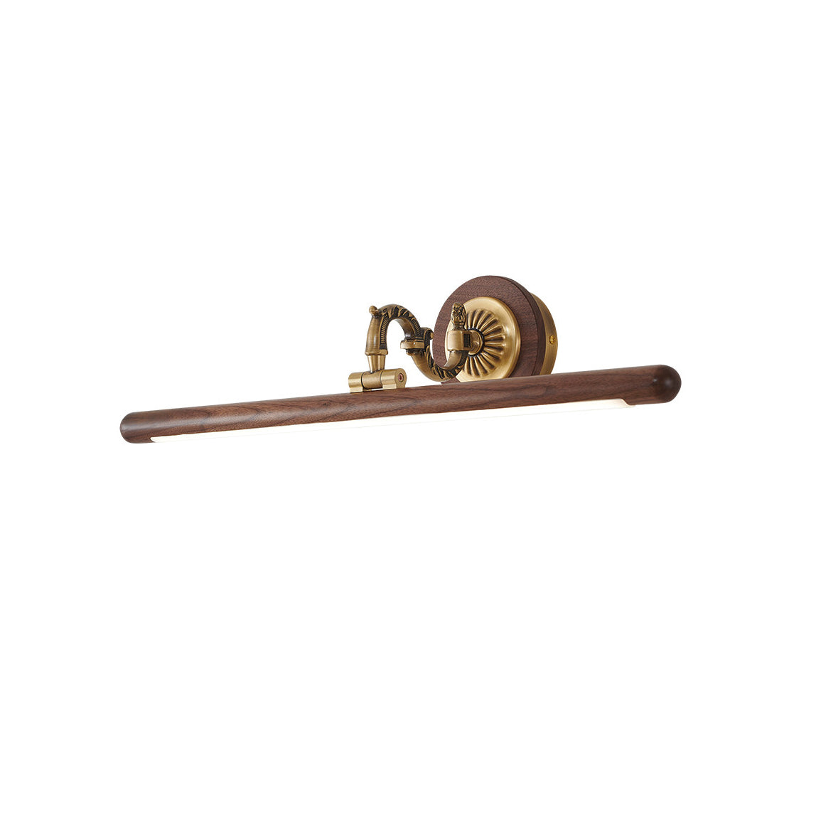 Adjustable walnut wood and brass picture light against a plain wall.