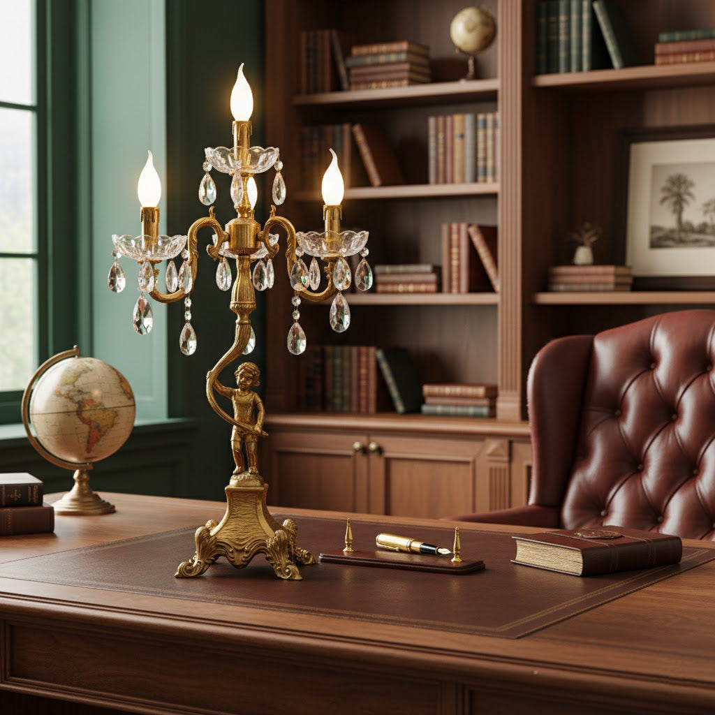 Close-up of the crystal embellishments on the candlestick table lamp.