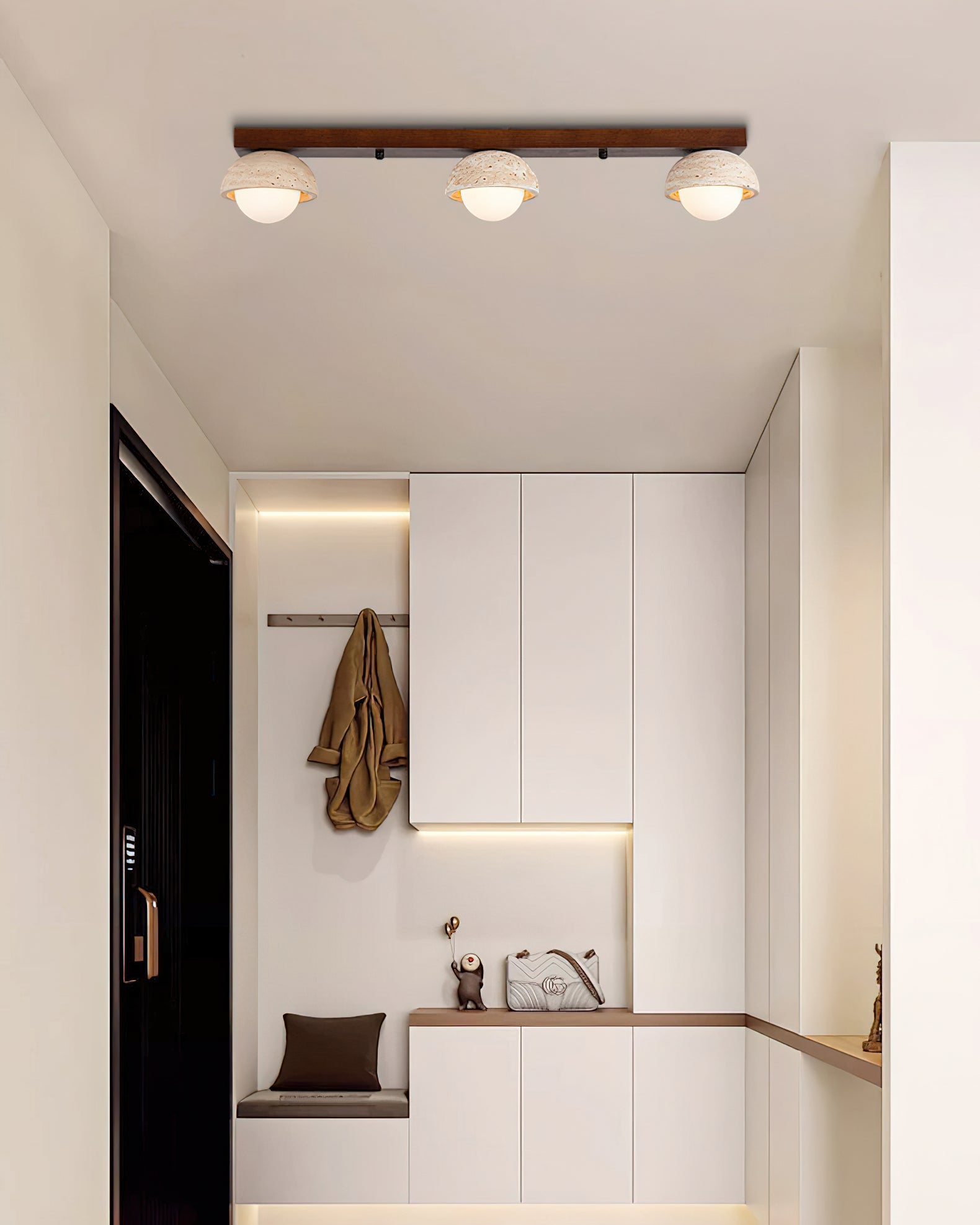 Detail shot of the natural texture of the travertine stone shade.