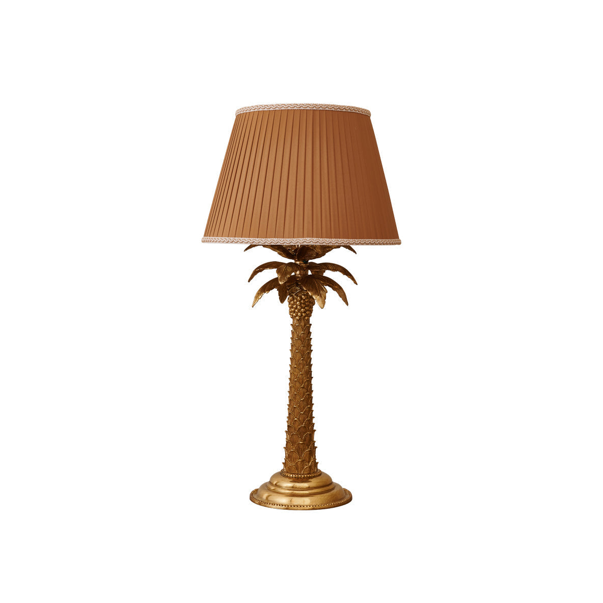 Palm Tree Table Lamp with brass body and fabric shade.