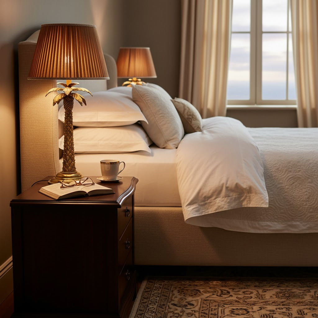 The table lamp shown illuminated in a dark room.
