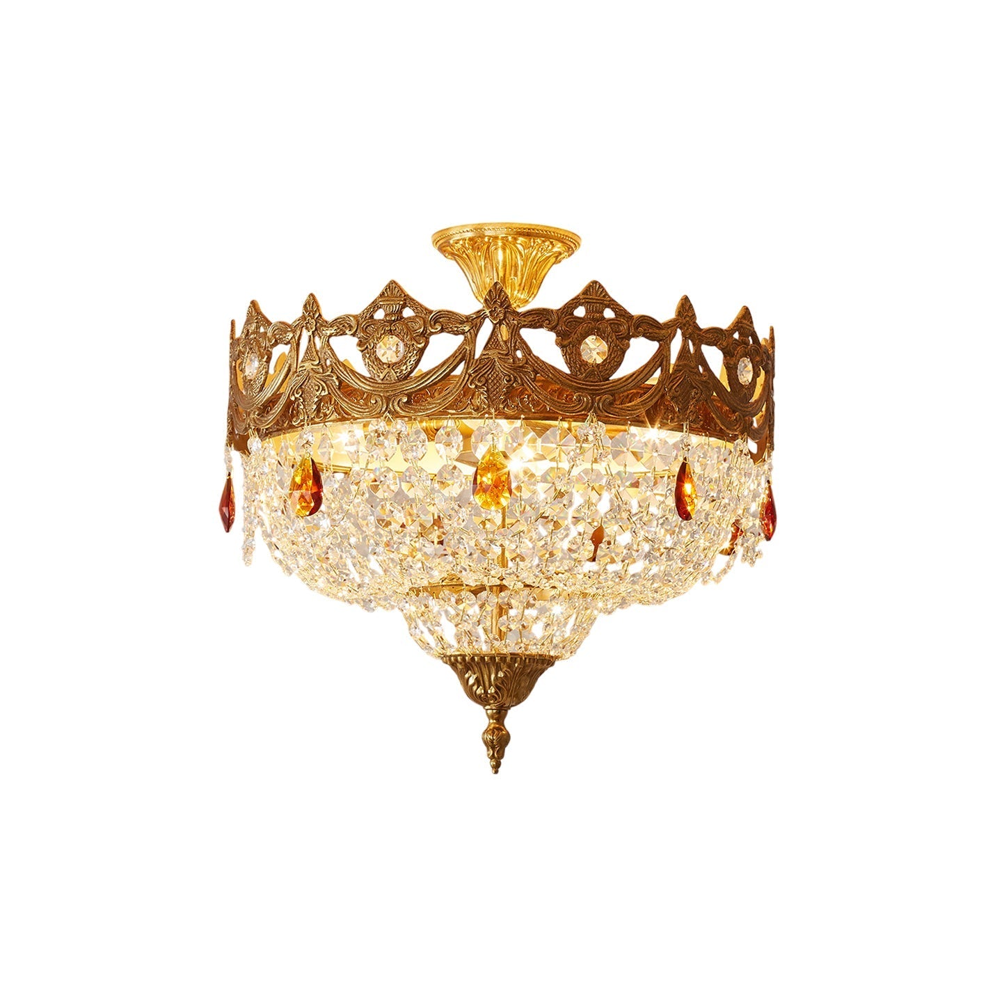 Palwa Crystal Ceiling Lamp with a gold-plated brass frame.