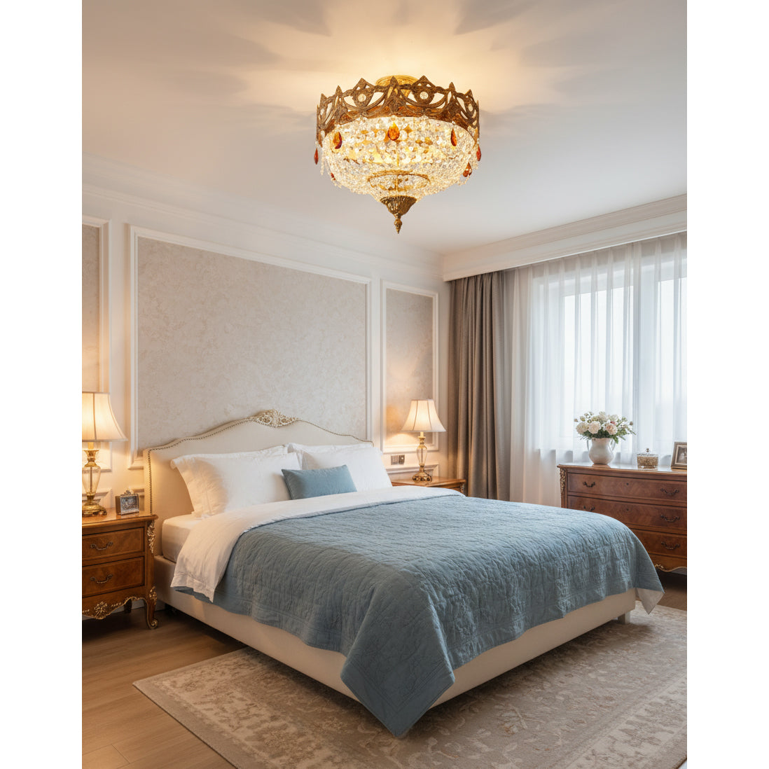 The elegant crystal ceiling lamp unlit, showcasing its form.