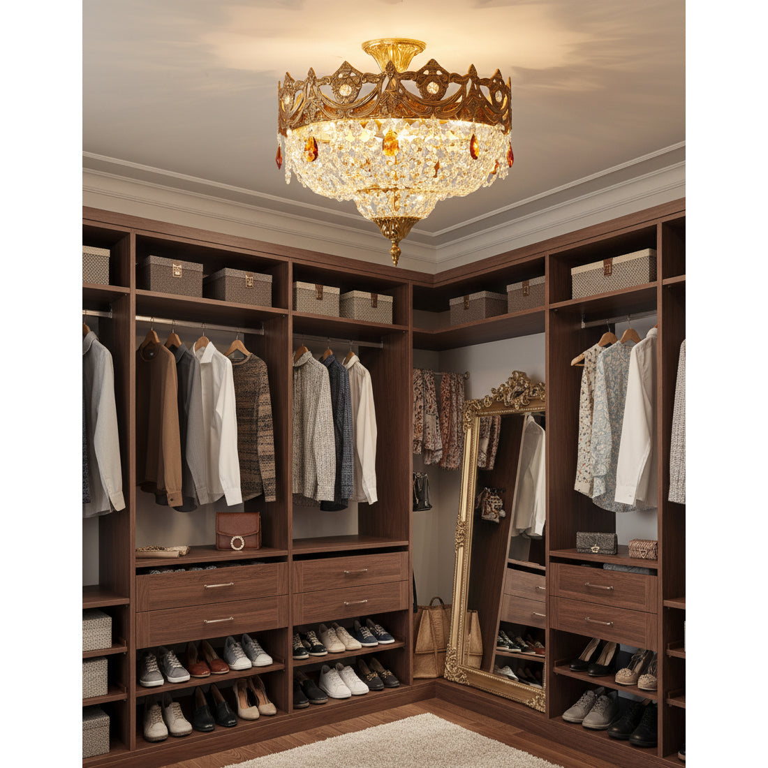 The chandelier in a luxurious living room setting.