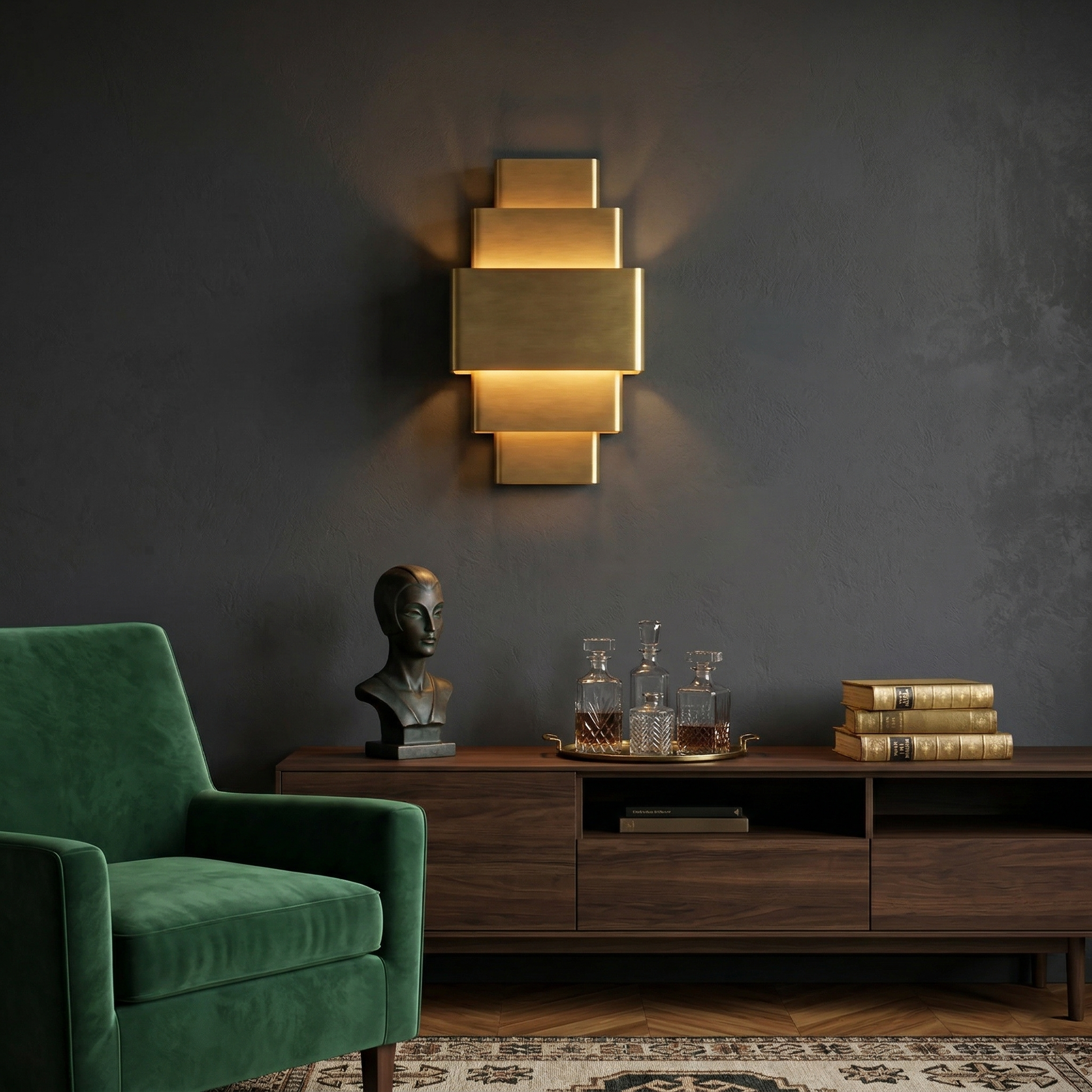 Sofia Brass Wall Lamp shown in a bedroom setting.