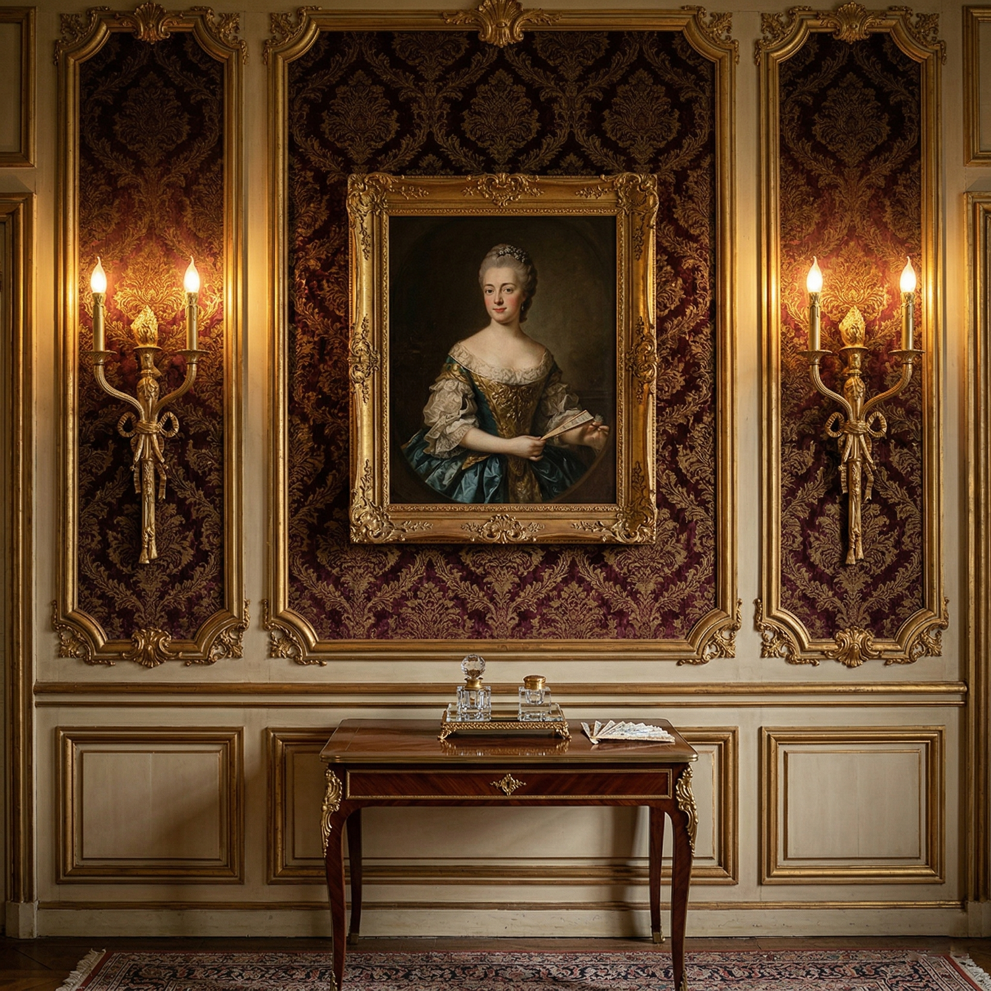 The wall lamp casting a warm, ambient glow in a hallway.