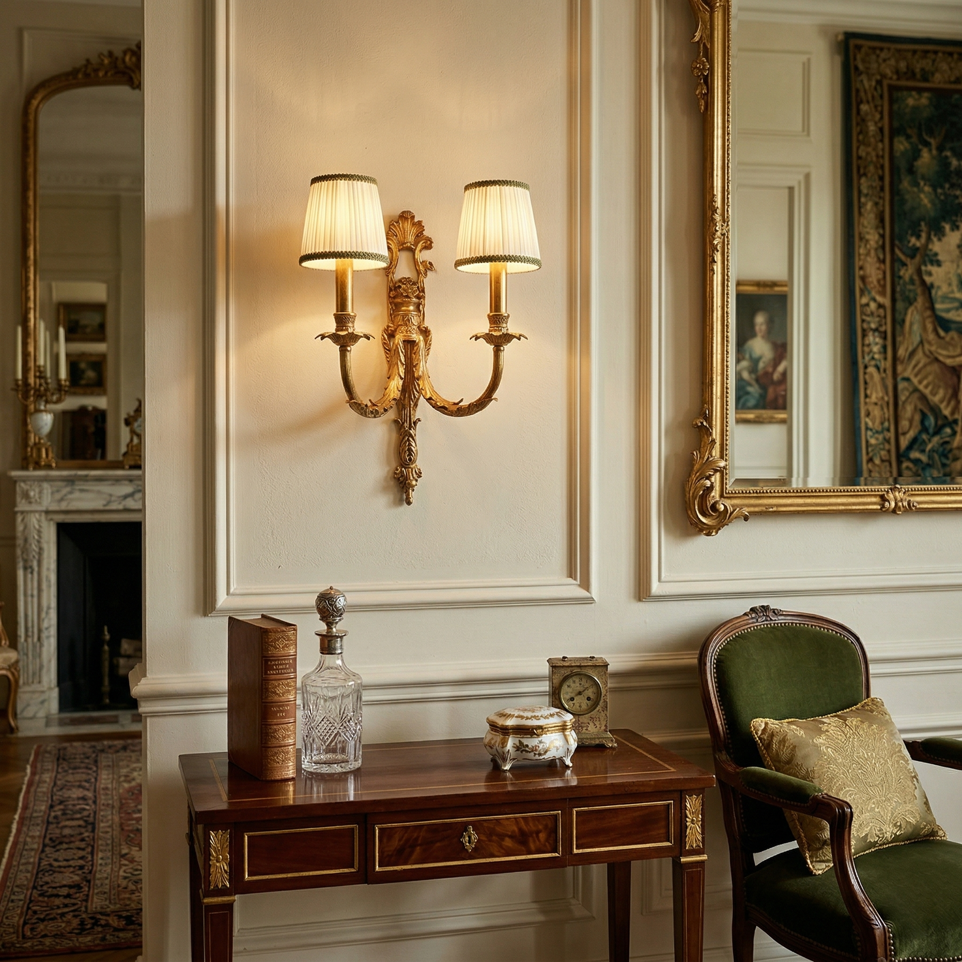 Lifestyle shot of the two-head lamp above a console table.