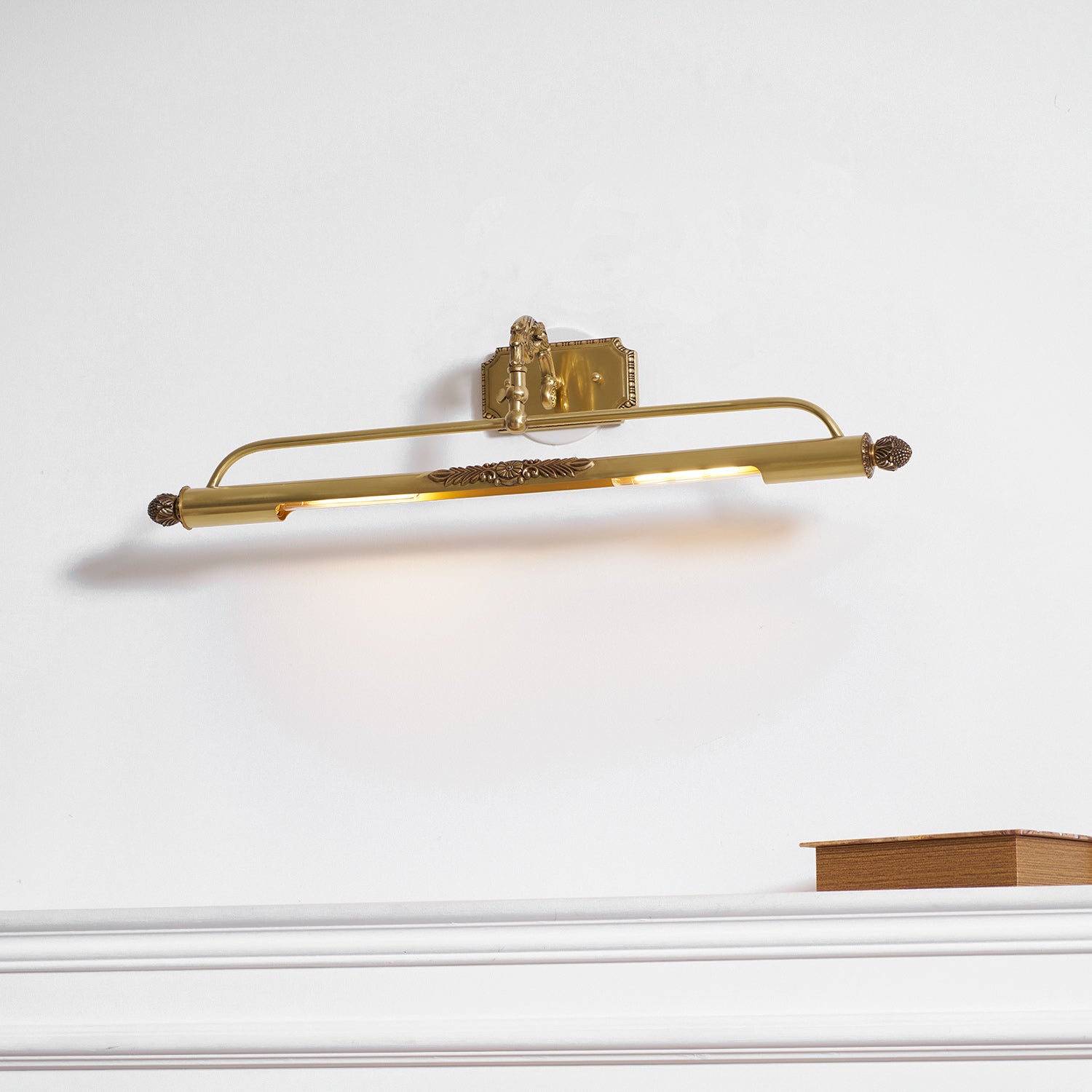 Pania Brass Wall Lamp shown with a classic black and white photograph.