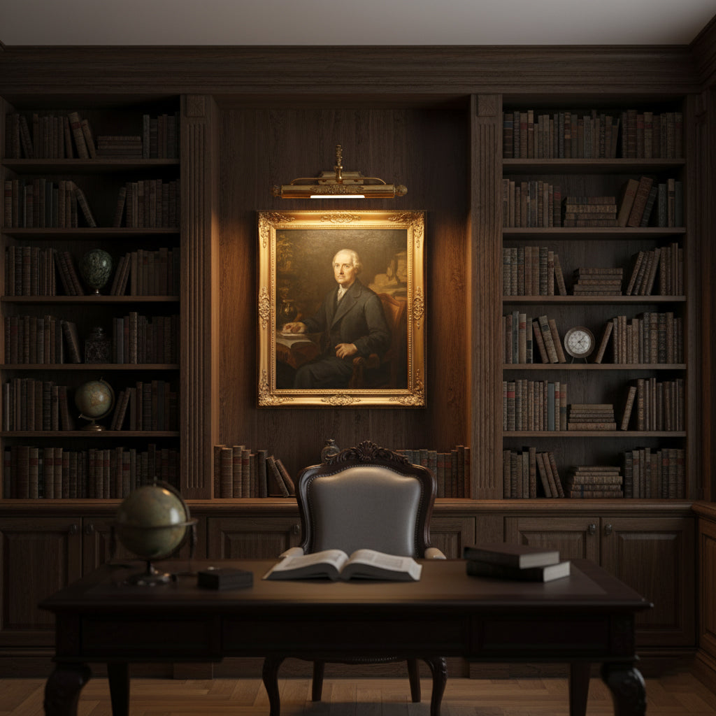 Angled view of the Pania Brass Picture Light illuminating a piece of art.