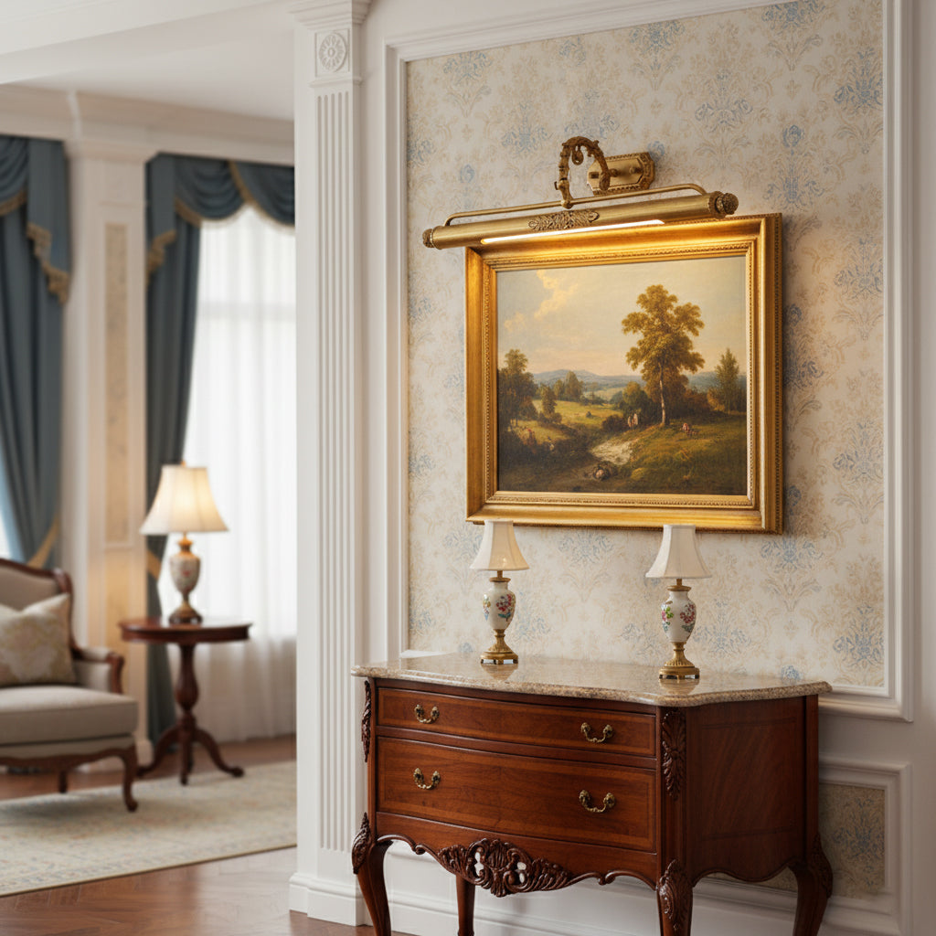 Angled view of the Pania Brass Picture Light illuminating a piece of art.