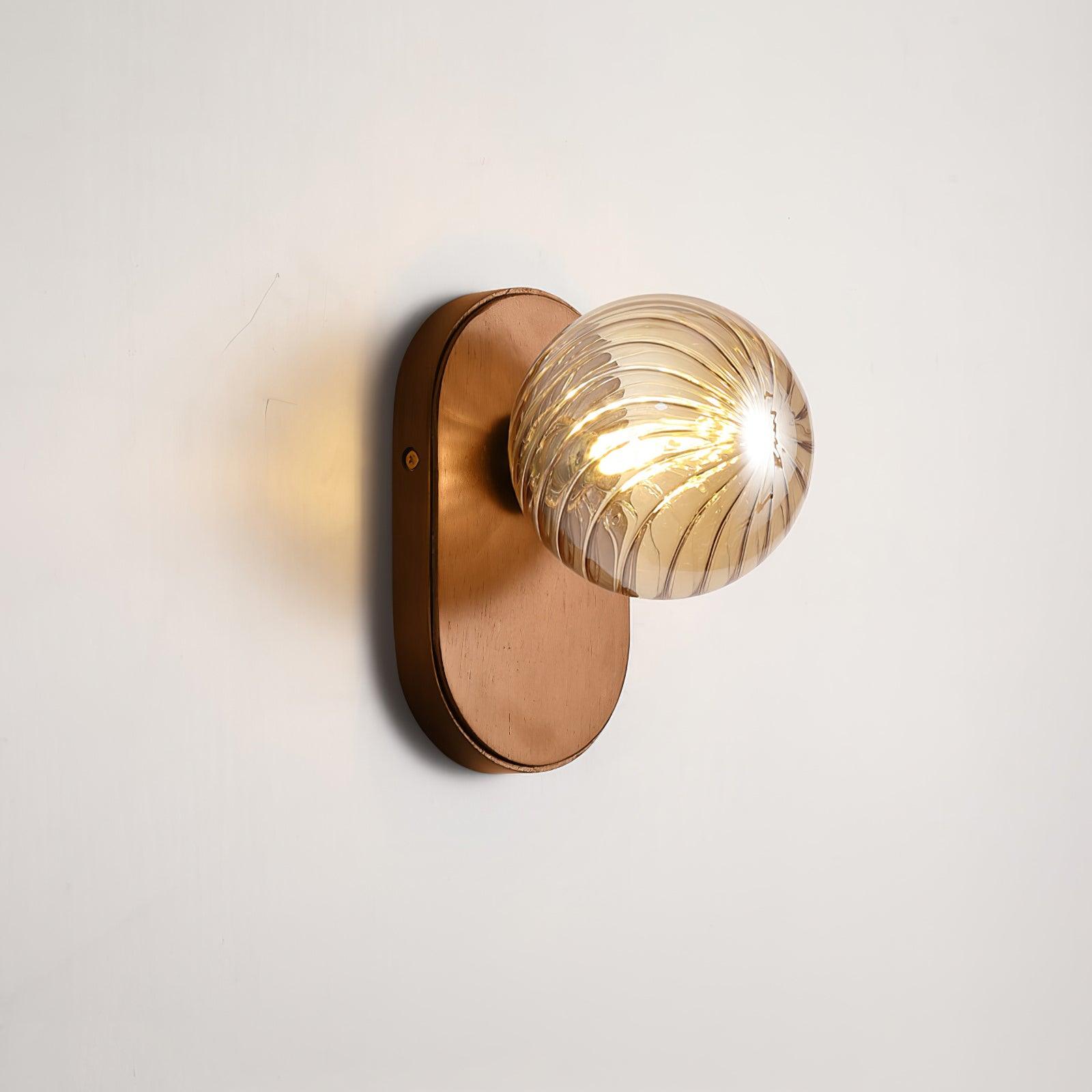 Wall Lamp Wood Body Amber Ribbed Glass Globe Walnut Color Modern Accent