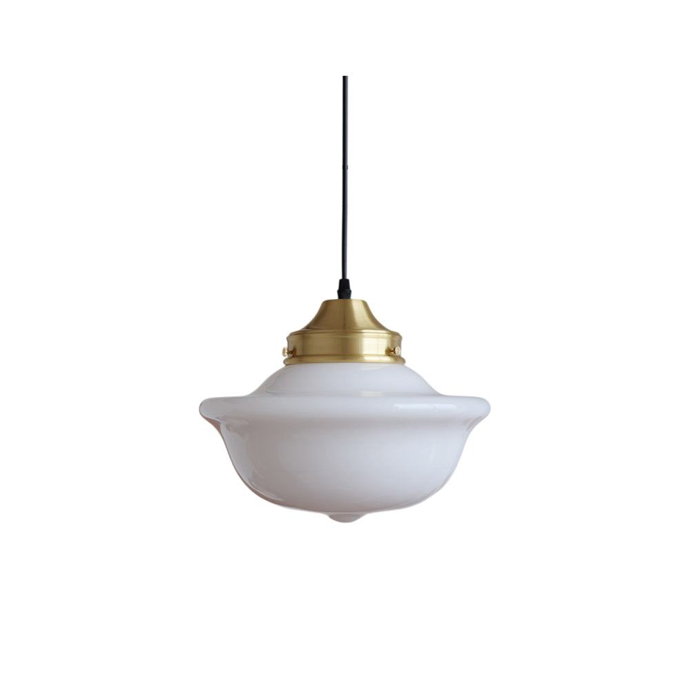 Pathson Pendant Light with a white glass shade and brass details.