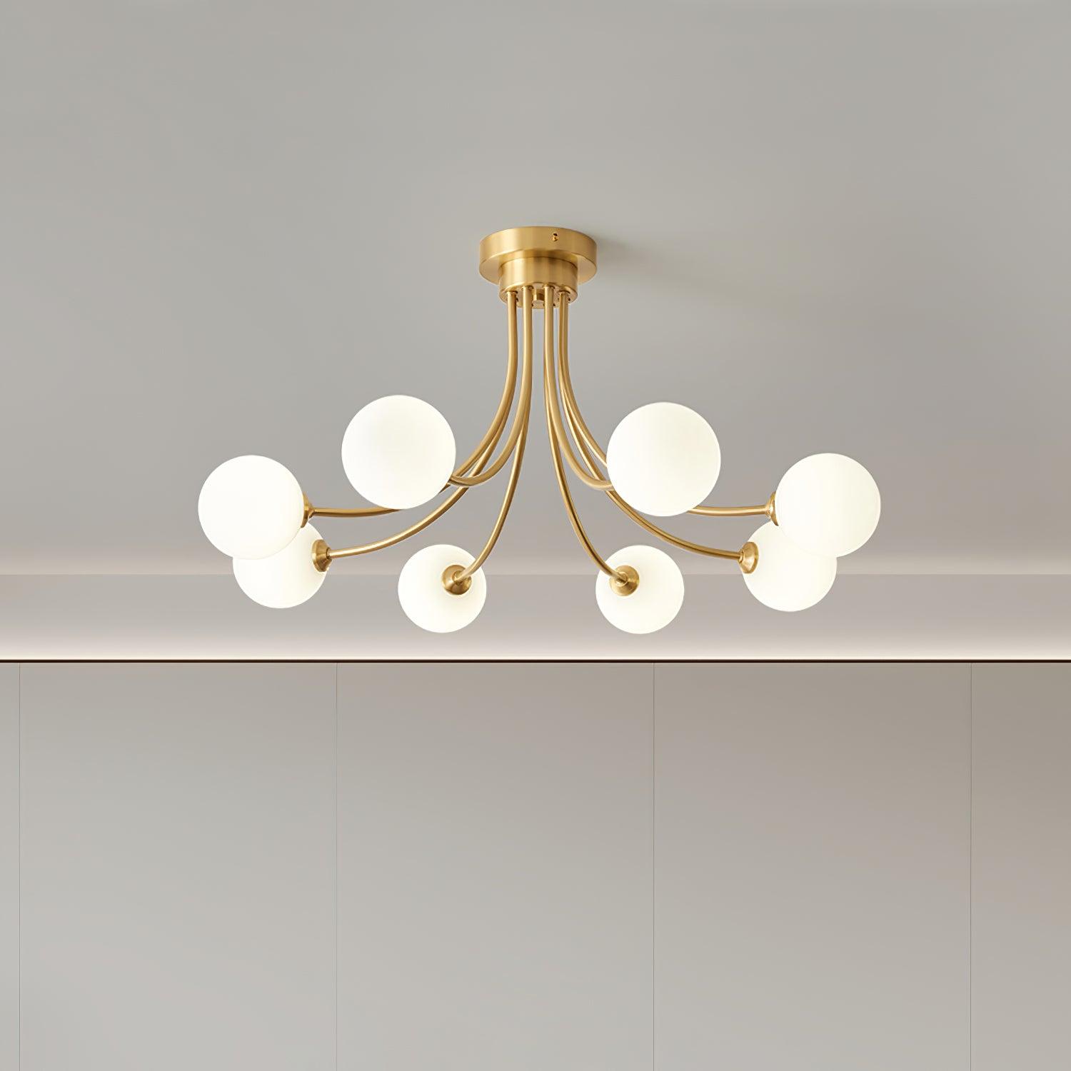 Ceiling Light Brass Branching Arms Opal Globe Shades Modern Elegant