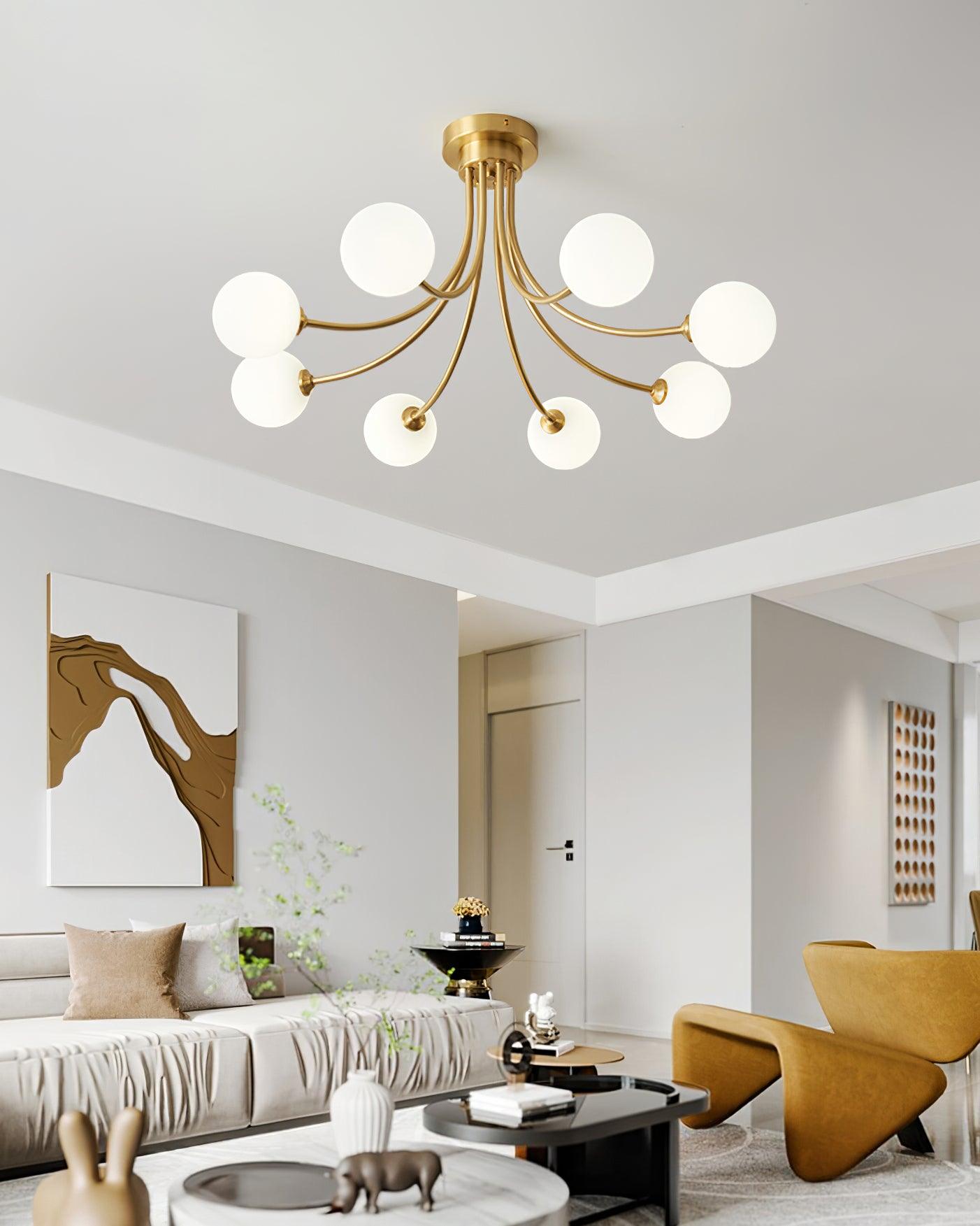 Ceiling Light Brass Branching Arms Opal Globe Shades Modern Elegant