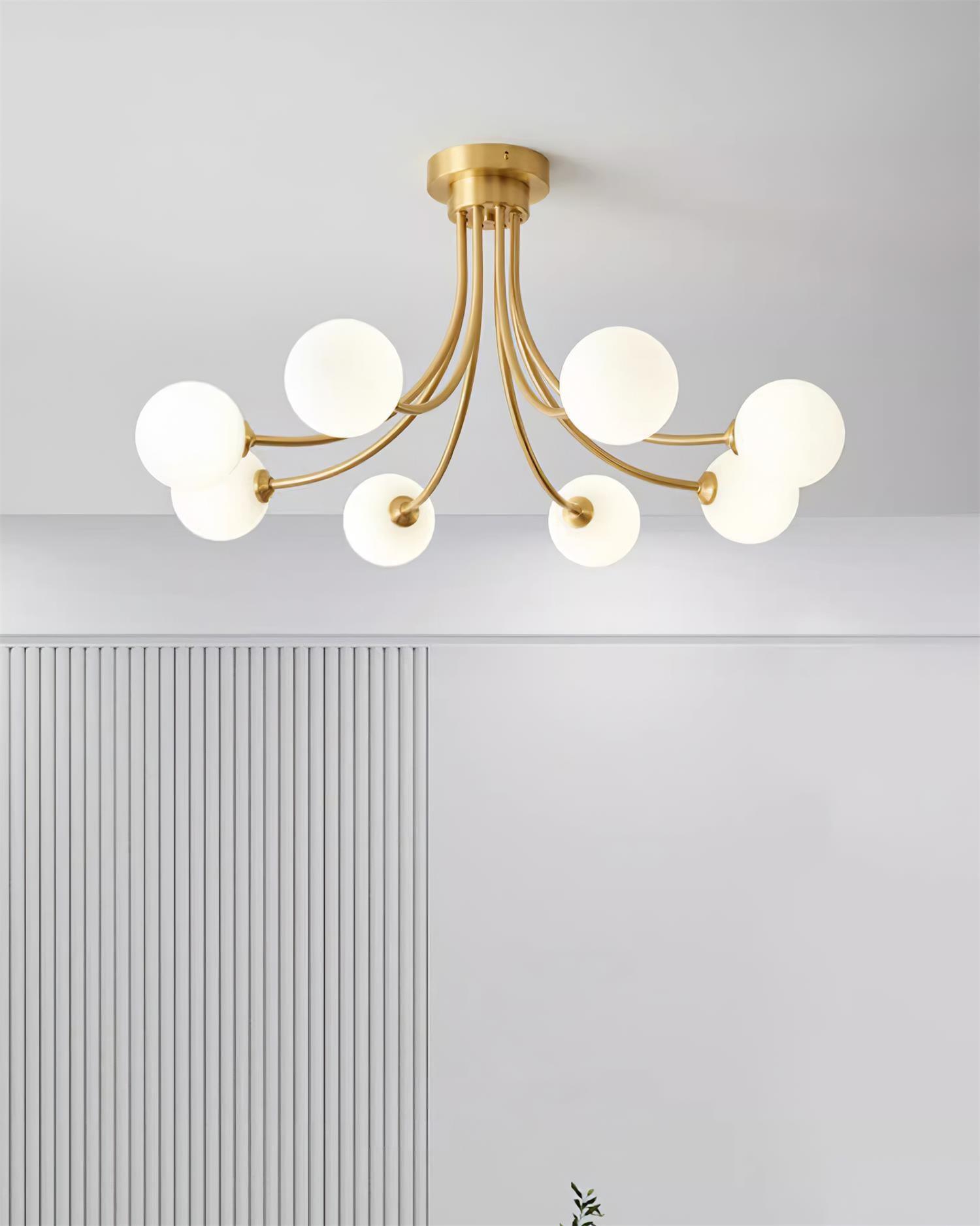 Ceiling Light Brass Branching Arms Opal Globe Shades Modern Elegant